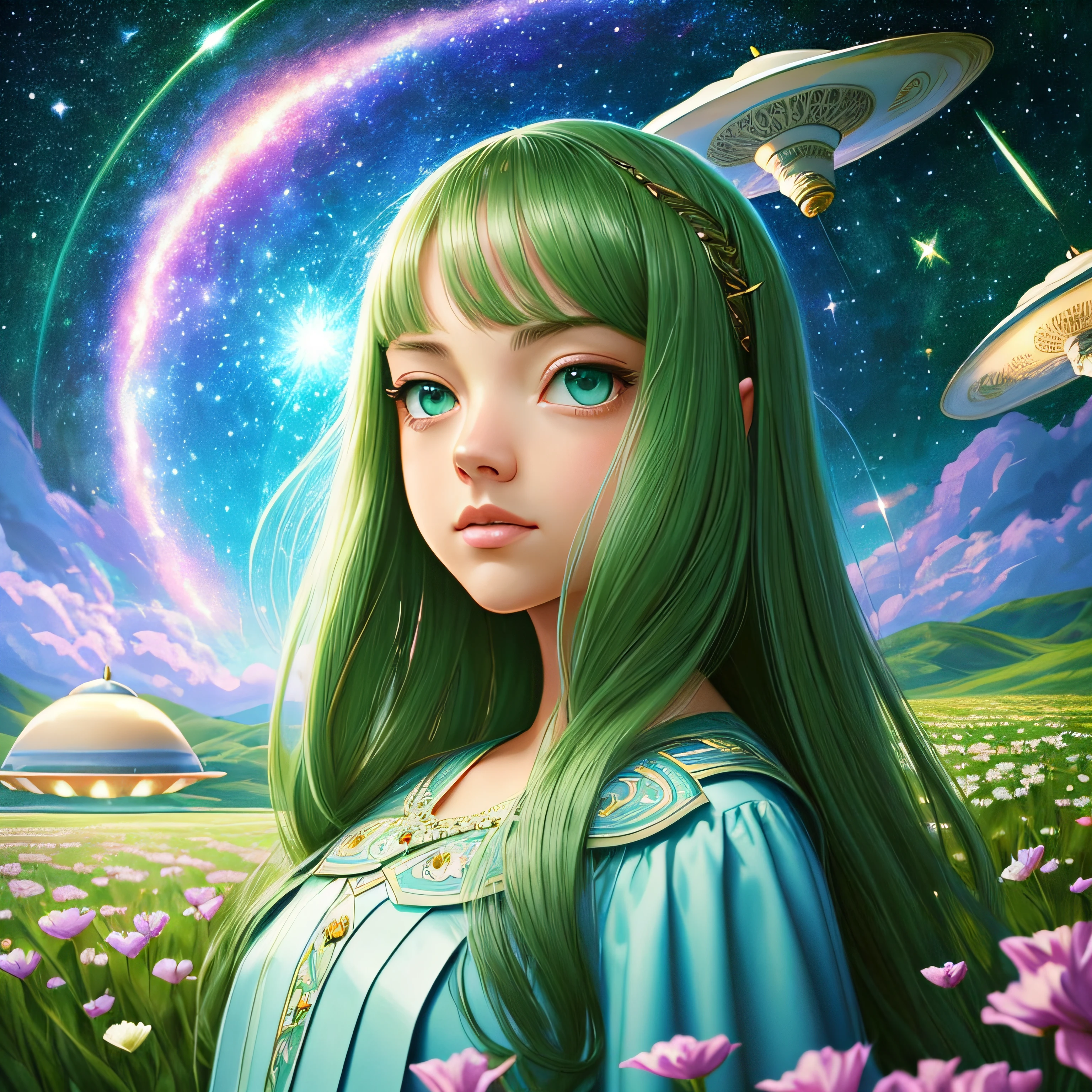 there's Amanda Seyfried who's standing in a field of flowers, (((flying saucer is visible in the sky))),(((galaxy is visible in the background))), (((cabelo curto))), (((traje: colegial))), (((olhos verdes))), arte digital detalhada bonito, Beautiful digital illustration, painting digital adorable, pintura realista da menina bonito, retrato bonito da arte da fantasia, retrato bonito da fantasia, stunning digital illustration, a beautiful artwork illustration, Digital painting nice, lindo pintura digital, retrato da arte da fantasia, bela arte digital, Bela arte UHD 4K