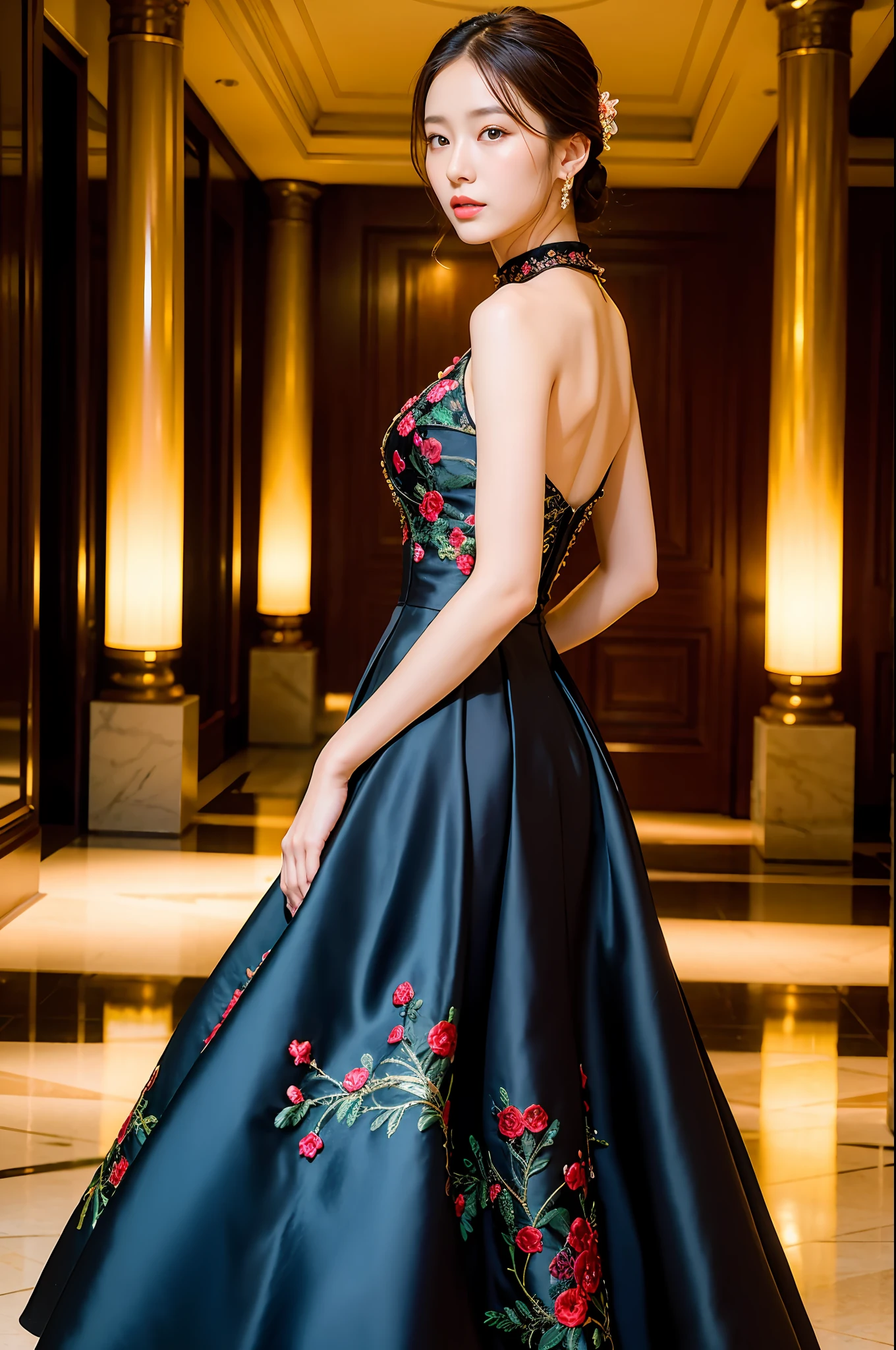 (top-quality、masterpiece:1.2)、portraitures、爆乳、outside of house、25-year-old woman named Yiping in the garden:2、Black and Red Wedding Dress Fashion Dress Design「haute couture」、Black embroidery with fantastic theme、Confusing light blue flowers on background:1.3)the same character、back lighting:1.5、More on rich skin:1.5、Luxury hotel lobby