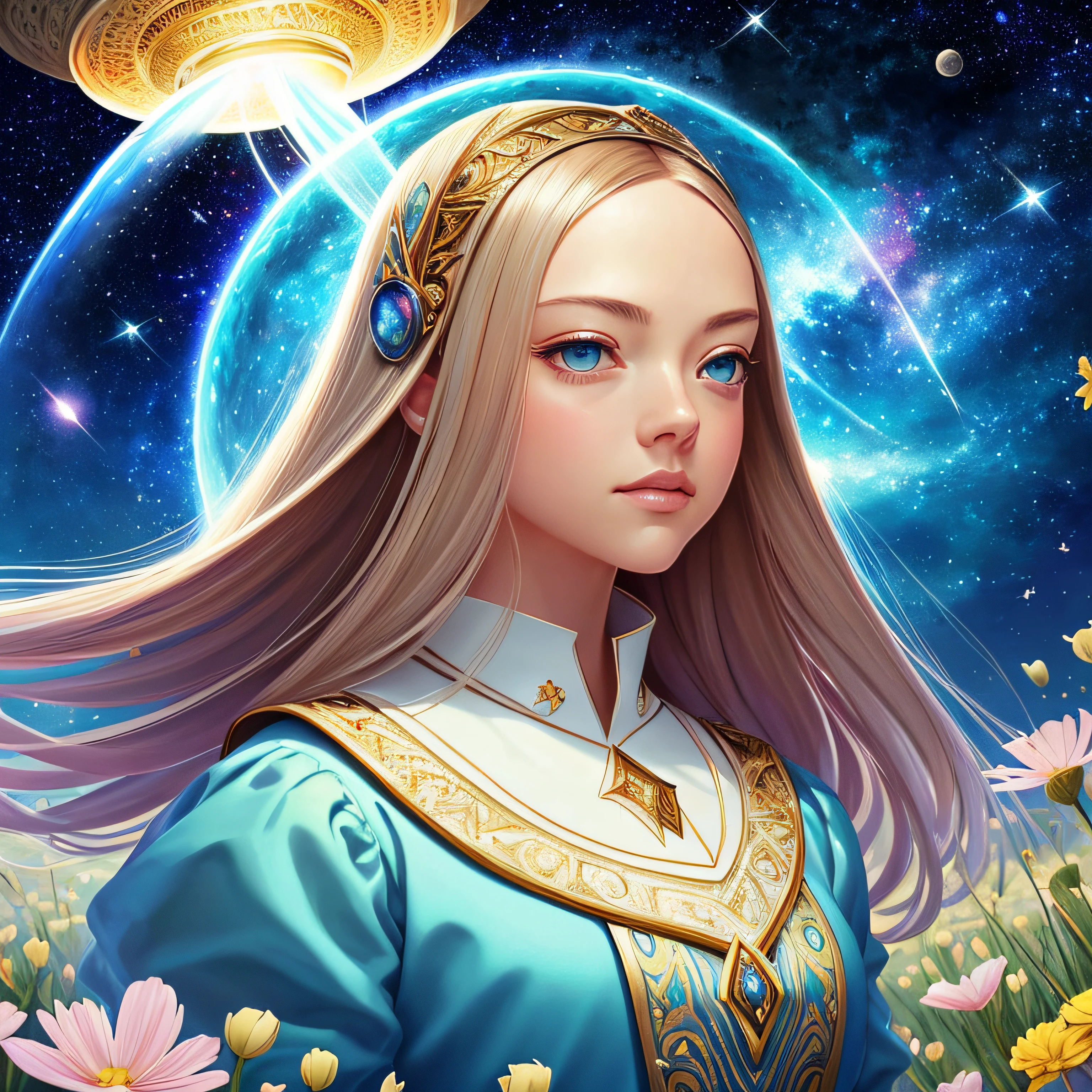 there's Amanda Seyfried who's standing in a field of flowers, (((flying saucer is visible in the sky))),(((galaxy is visible in the background))), (((cabelo curto))),(((traje: colegial))), arte digital detalhada bonito, Beautiful digital illustration, painting digital adorable, pintura realista da menina bonito, retrato bonito da arte da fantasia, retrato bonito da fantasia, stunning digital illustration, a beautiful artwork illustration, Digital painting nice, lindo pintura digital, retrato da arte da fantasia, bela arte digital, Bela arte UHD 4K