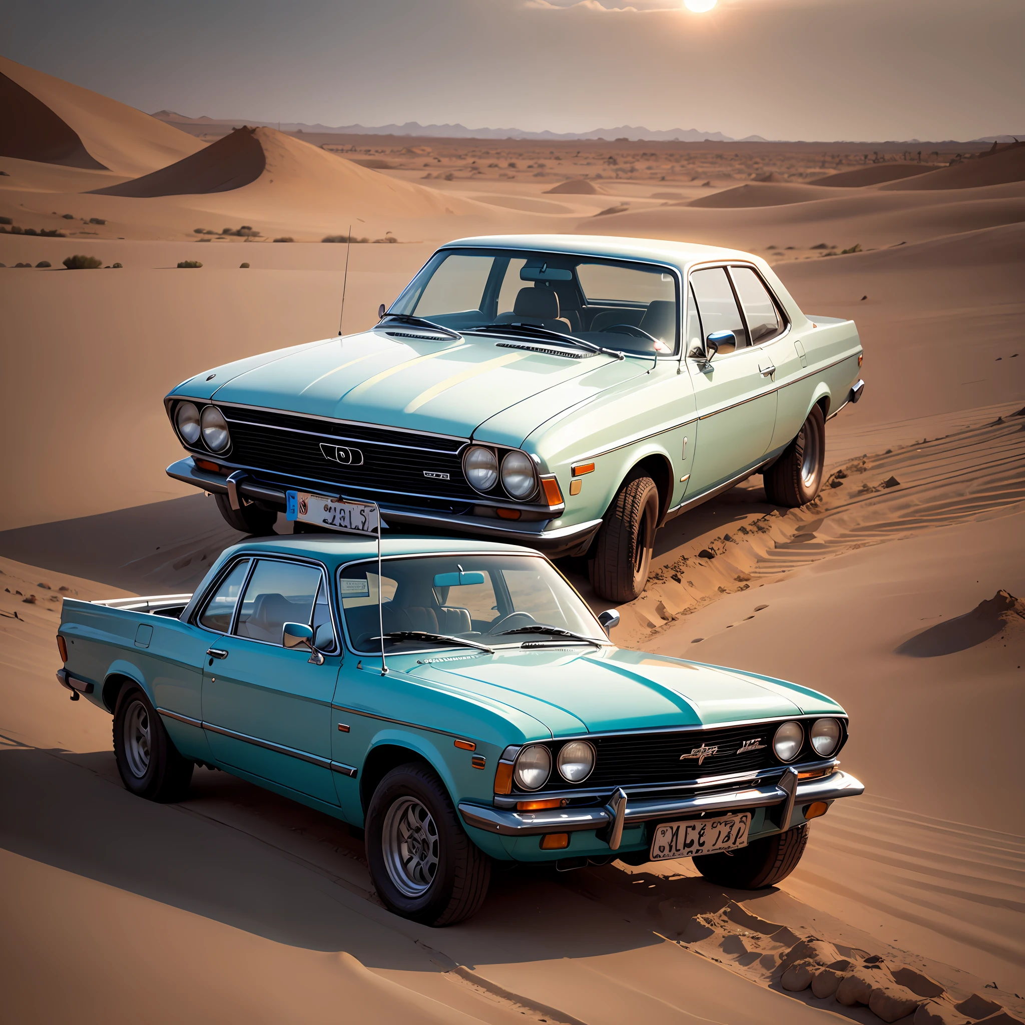 Carro prateado, modelo opala, no deserto, com por do sol ao fundo da imagem --auto