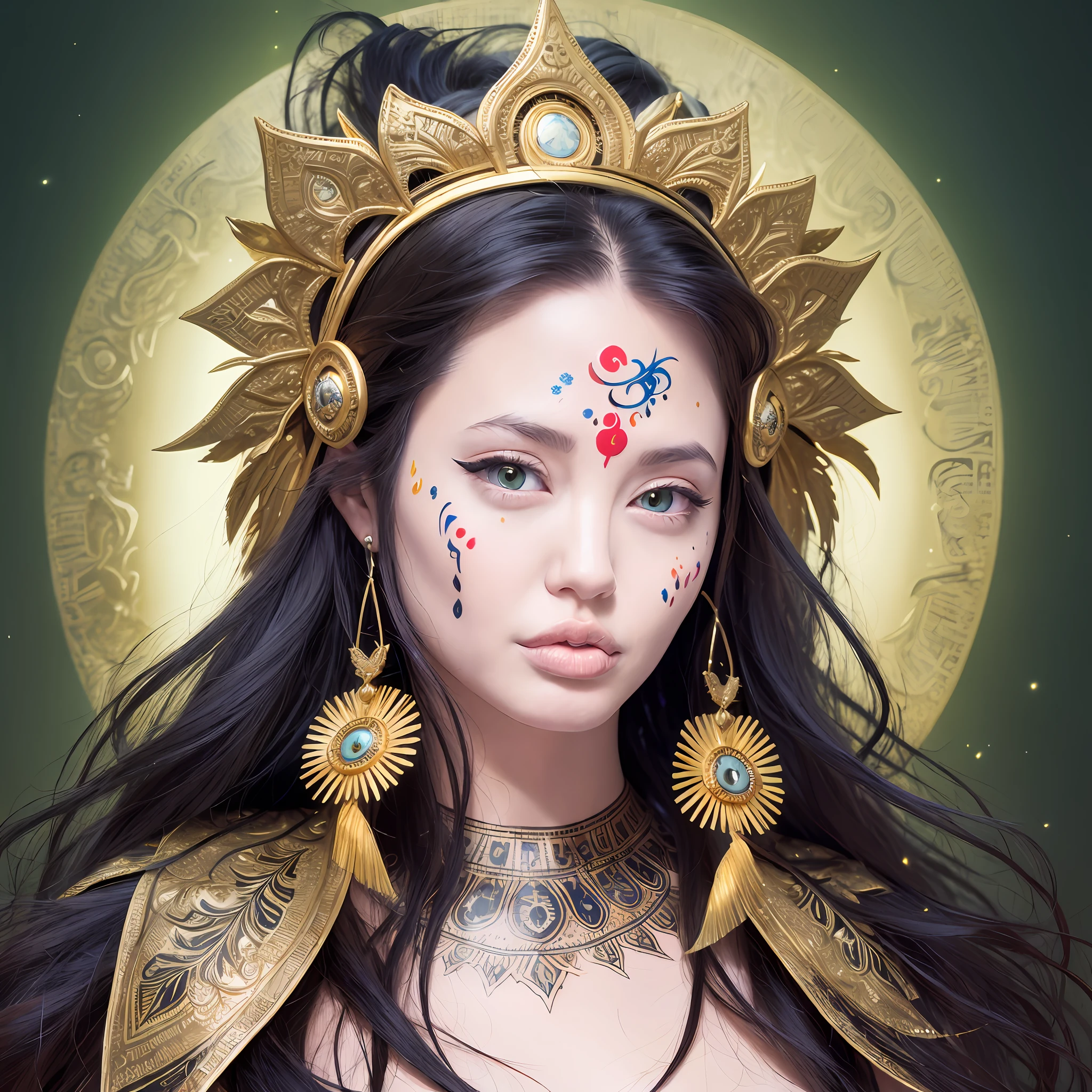 (full portrait), (half shot), solo, detailed background, detailed face, (stonepunkAI, stone theme:1.1), wise, (female), (native american), (beautiful hair, braids:0.2), shaman, septum piercing, mystical, (gorgeous face), stunning, head tilted upwards, (serene expression), calm, Seafoam Green frayed clothes, prayer beads, tribal jewelry, feathers in hair, headdress:0.33, jade, obsidian, detailed clothing, cleavage, realistic skin texture, (floating particles, water swirling, embers, ritual, whirlwind, wind:1.2), sharp focus, volumetric lighting, good highlights, good shading, subsurface scattering, intricate, highly detailed, ((cinematic)), dramatic, (highest quality, award winning, masterpiece:1.5), (photorealistic:1.5), (intricate symmetrical warpaint:0.5),