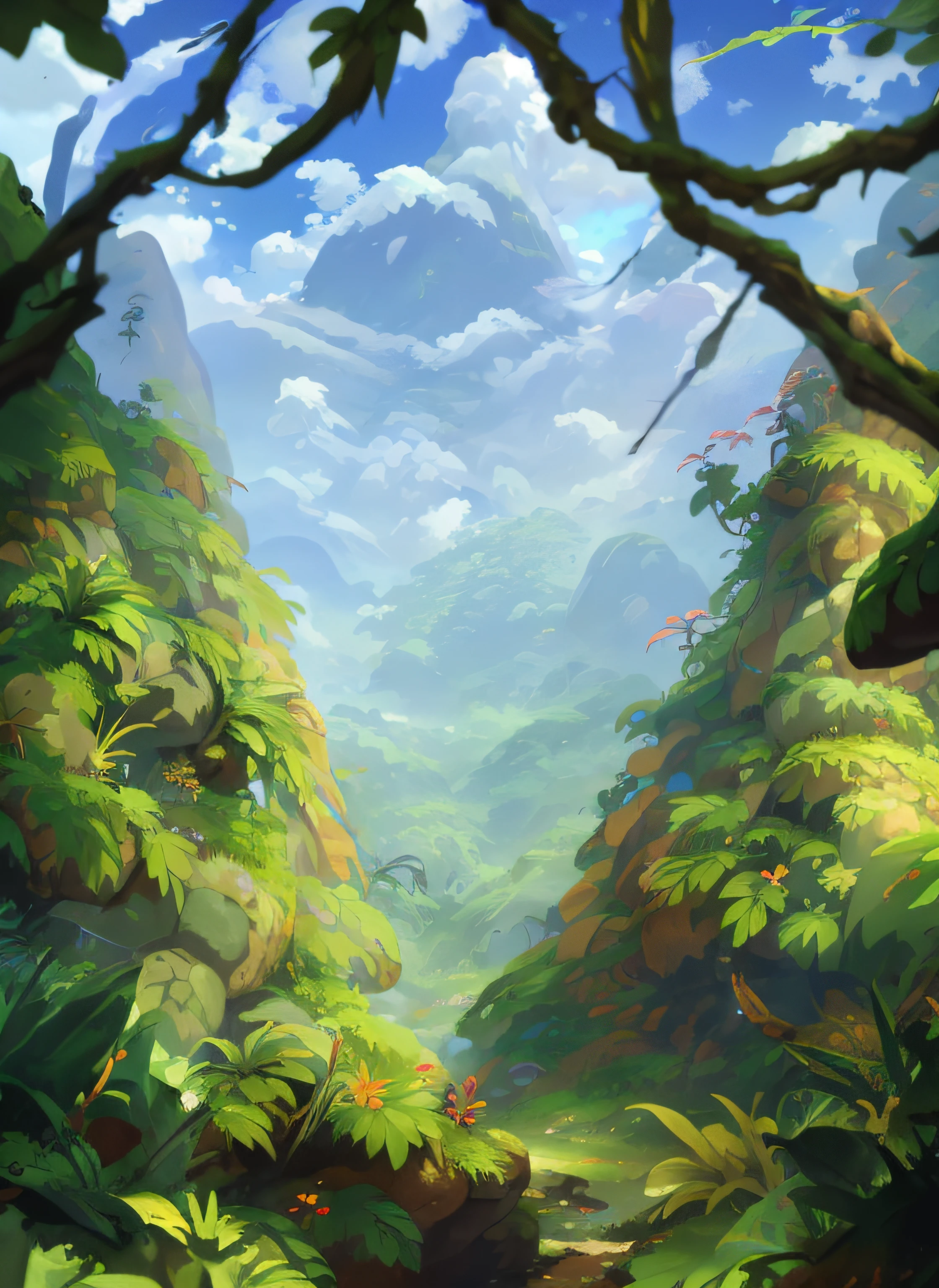 There is a painting of a jungle scene with a mountain as the background, background artwork, background jungle, Valle exuberante, jungle landscape, arte de fundo, Island background, sky forest background, jungle backdrop, velly distant forest, fantasy jungle, scenery art detailed, epic landscapes, painted as a game concept art, mysterious jungle painting, Fantasy landscape painting, fantasy overgrown world