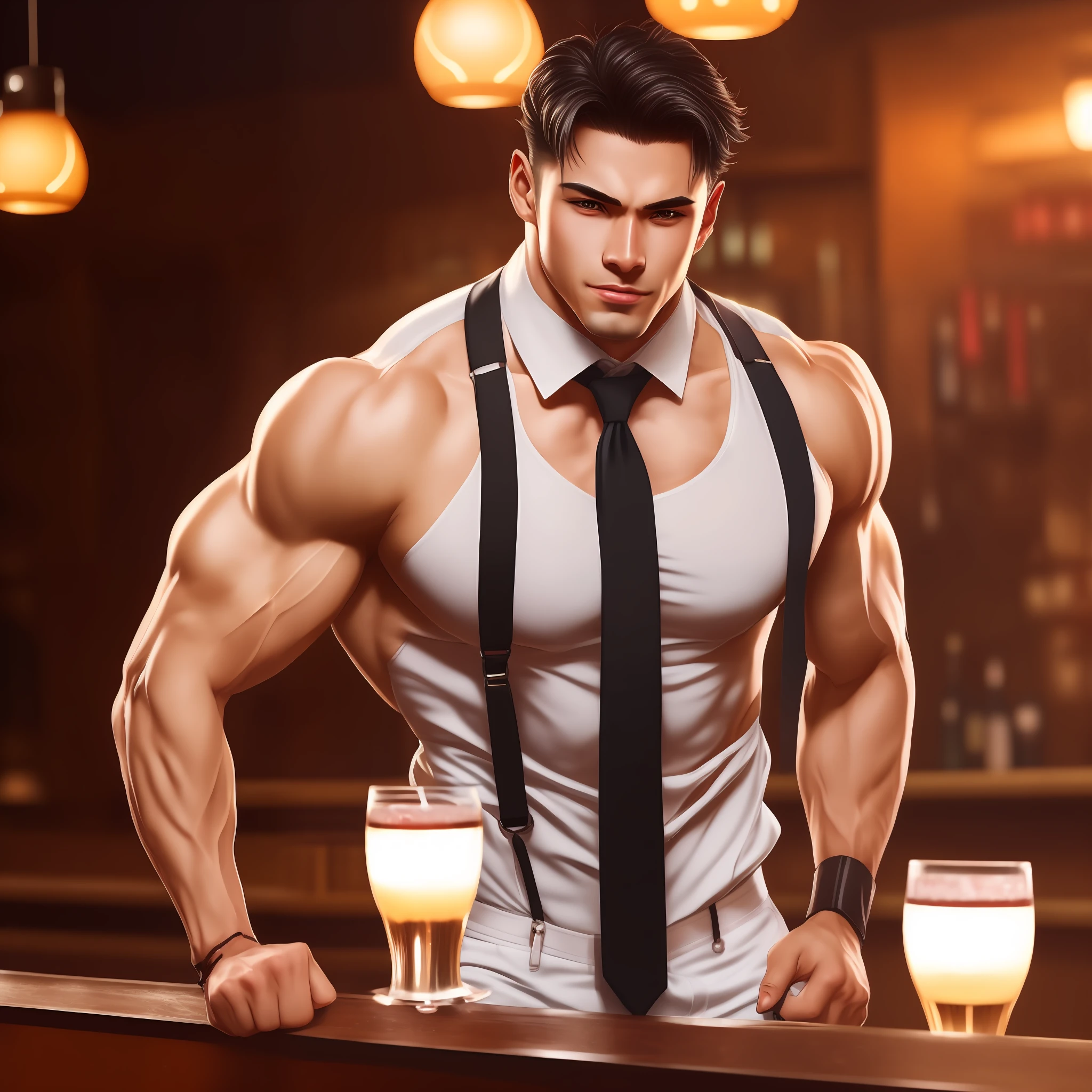 「Single male, Anime-like facial features、muscular and wearing a tie, suspenders, Shines(Shirtless with sweaty blood vessels floating)The appearance of the body and face of the American, Emphasis on the crotch,Hairs growing below the navel,Pose at the bar.Create a high-quality illustration based on this description."