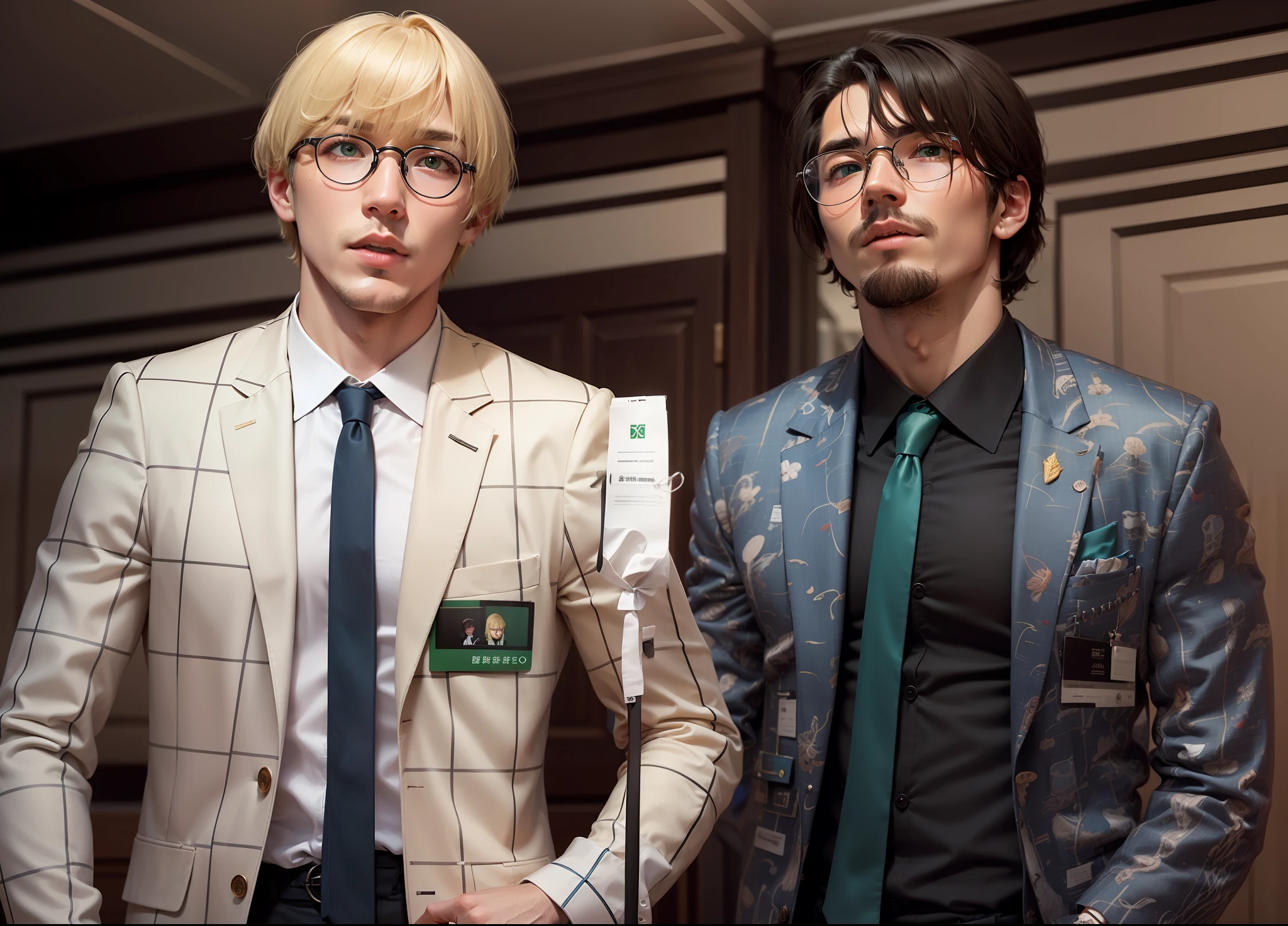 Man with blonde mushroom hair、Round glasses、Wearing a green checked suit、white shirt、dark blue tie、Men with dark hair、Mouth、beard、Black shirt、Red tie、white suit、