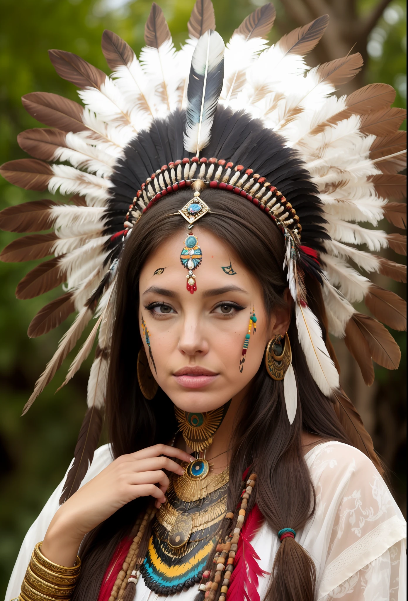 (full portrait), (half shot), solo, detailed background, detailed face, (stonepunkAI, stone theme:1.1), wise, (female), (native american), (beautiful hair, braids:0.2), shaman, septum piercing, mystical, (gorgeous face), stunning, head tilted upwards, (serene expression), calm, Seafoam Green frayed clothes, prayer beads, tribal jewelry, feathers in hair, headdress:0.33, jade, obsidian, detailed clothing, cleavage, realistic skin texture, (floating particles, water swirling, embers, ritual, whirlwind, wind:1.2), sharp focus, volumetric lighting, good highlights, good shading, subsurface scattering, intricate, highly detailed, ((cinematic)), dramatic, (highest quality, award winning, masterpiece:1.5), (photorealistic:1.5), (intricate symmetrical warpaint:0.5),