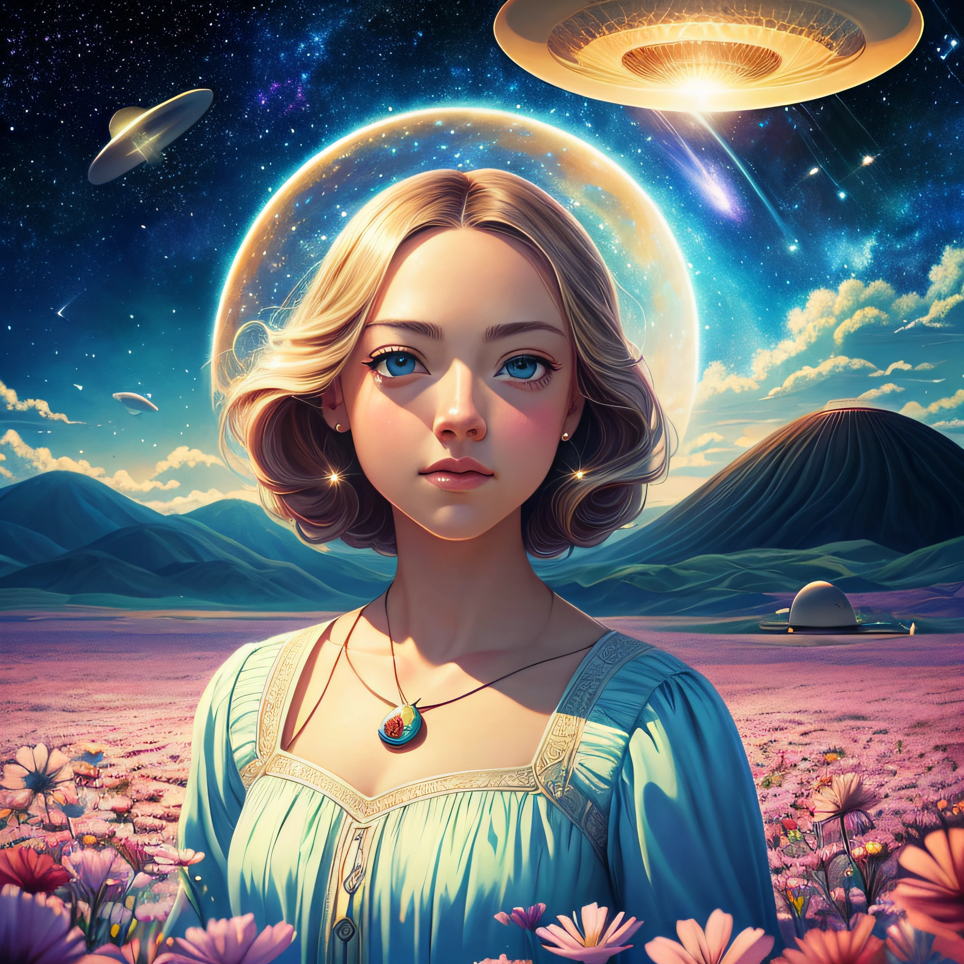 there's Amanda Seyfried who's standing in a field of flowers, (((flying saucer is visible in the sky))),(((galaxy is visible in the background))),(((babelo curto))), arte digital detalhada bonito, Beautiful digital illustration, painting digital adorable, pintura realista da menina bonito, retrato bonito da arte da fantasia, retrato bonito da fantasia, stunning digital illustration, a beautiful artwork illustration, Digital painting nice, lindo pintura digital, retrato da arte da fantasia, bela arte digital, Bela arte UHD 4K