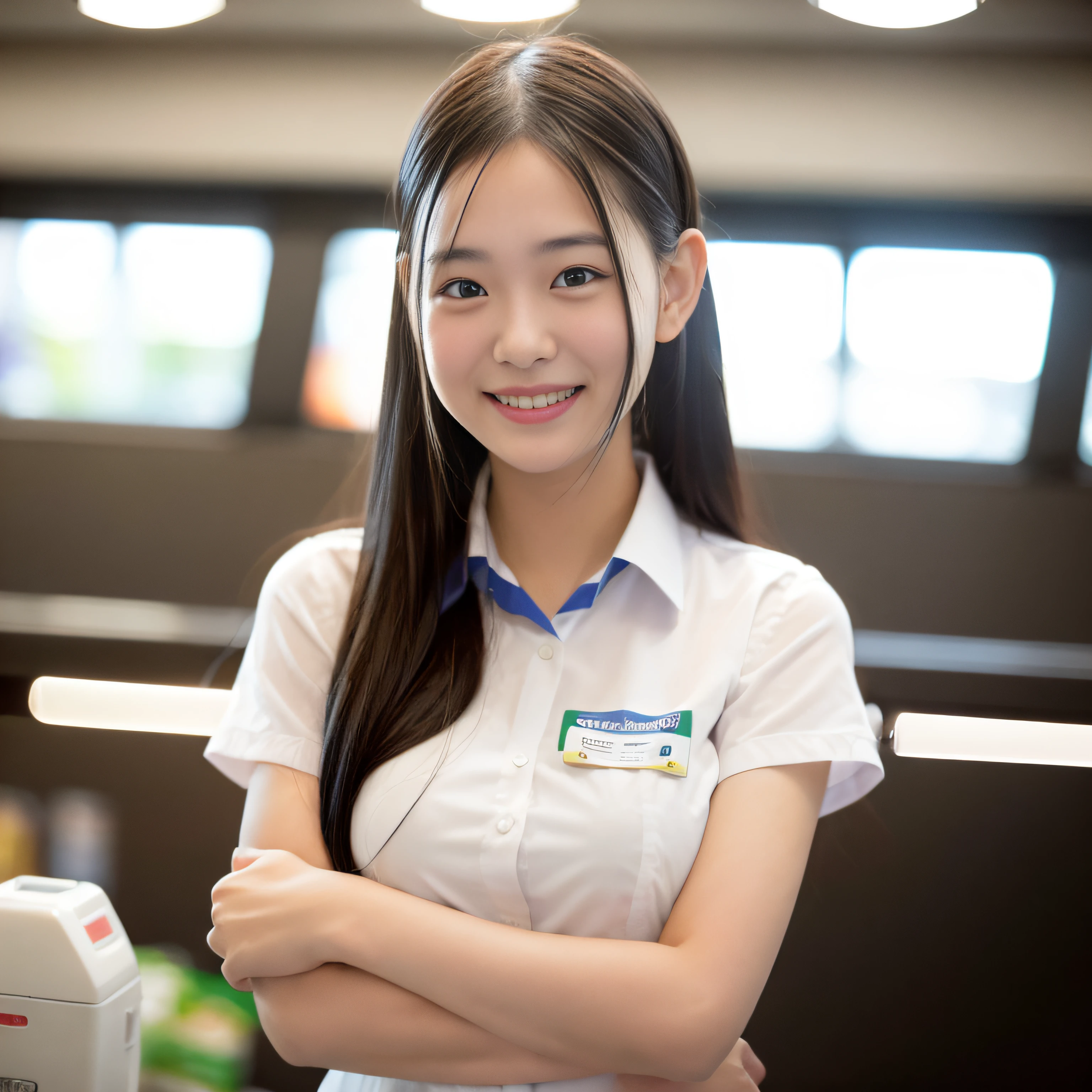 1girl, happy, smiling, (at supermarket:1.2), ((student uniform:1.2)), RAW photo, (photorealistic:1.37, realistic), highly detailed CG unified 8K wallpapers, looking at viewer, (((straight from front))), (HQ skin:1.8, shiny skin), 8k uhd, dslr, soft lighting, high quality, film grain, Fujifilm XT3, ((upper body:1.6)), (professional lighting:1.6)