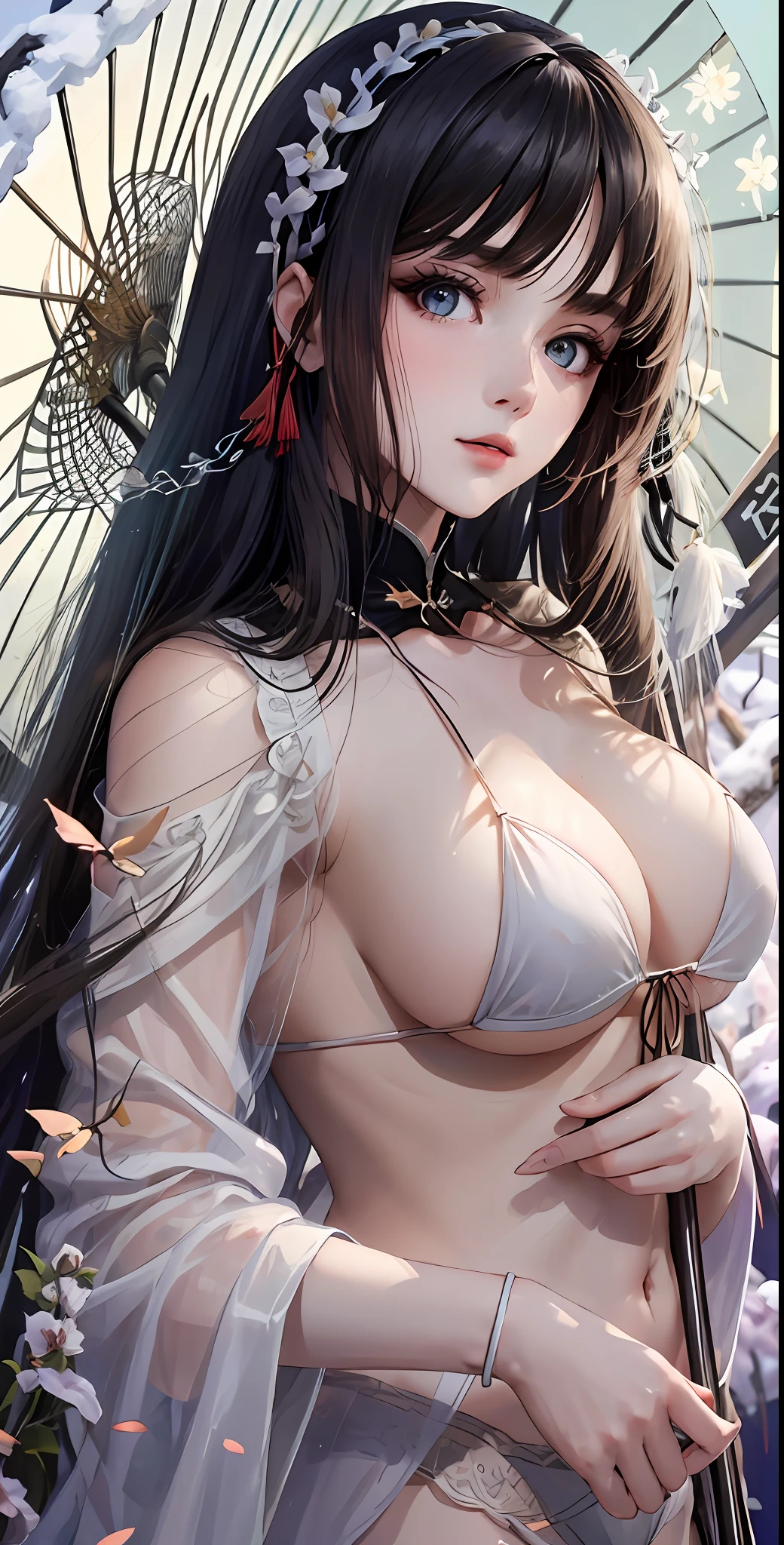 There is a woman in red dress holding a white umbrella, traditional Chinese white umbrella, wild snow scene, a girl in Hanfu, Hanfu, Chinese girl, Chinese woman, Chinese style, white Hanfu, red shawl, snowing, distant scene one A peach blossom tree, full of peach blossoms, a few villages of peach blossoms stretching down from the close-up view, a lot of peach petals floating in the air, heavy snow with goose feathers, 2 colorful butterflies flying, traditional Chinese clothing, cover photo Du's portrait Juan, portrait photo, China Princess, wearing red cheongsam, inspired by Tang Yifen, black haired goddess, beautiful brunette girl, oriental girl, master work, best picture quality, higher quality, high detail, super high resolution, 8k resolution, depth of field, Cinematography, Intricate detail, Elaborate, Meticulous, Magnificent, Maximum detail, Extreme beauty, (((1girl, solo))), 18age, Long hair, Black hair, White skin, Realistic, Masterpiece, (best picture quality), higher quality, high detail, super high resolution, panorama, exquisite facial features, perfect face, glowing skin, dreamy background, women, girls, angels, mini girls, goddesses, poets, shy, Surprise, shoulder-length hair, black hair, sharp and clear focus, three-dimensional silhouette, correct proportions, realistic portrait, face close-up, a very temperamental beautiful girl, slender figure, exquisite facial features, flowing long hair, Black hair, extremely detailed hair description, (collarbone), perfect face, clean and flawless face, long eyelashes, light pink eye shadow, shallow dimples, blush, watery big eyes crystal clear, delicate cream Glowing skin like skin, detailed skin details, CFG scale: 8,(A beautiful girl with large breasts and a wisteria flower in her hair),(she wears a white bikini and has her lips slightly parted),(her navel is visible as she stands surrounded by alraune plants), a dream-like atmosphere with vibrant colors and soft lighting, red hair, yellow detailed eyes
