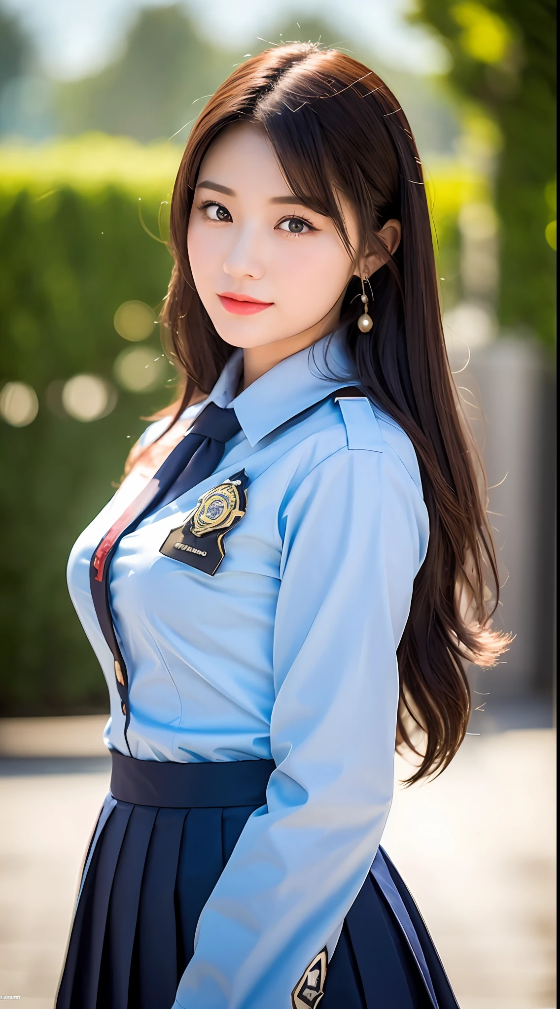 (yinchuan:1.5),, masterpiece, top-quality, Raw foto, Photorealsitic, large full breasts、beautiful and flawless face, Soft smile、20 years girl、校服、Female Policeman Uniform、depth of fields, hight resolution, ultra-detailliert, finely detail, ighly detailed, extremely detailed eye and face, Sharp pupils,