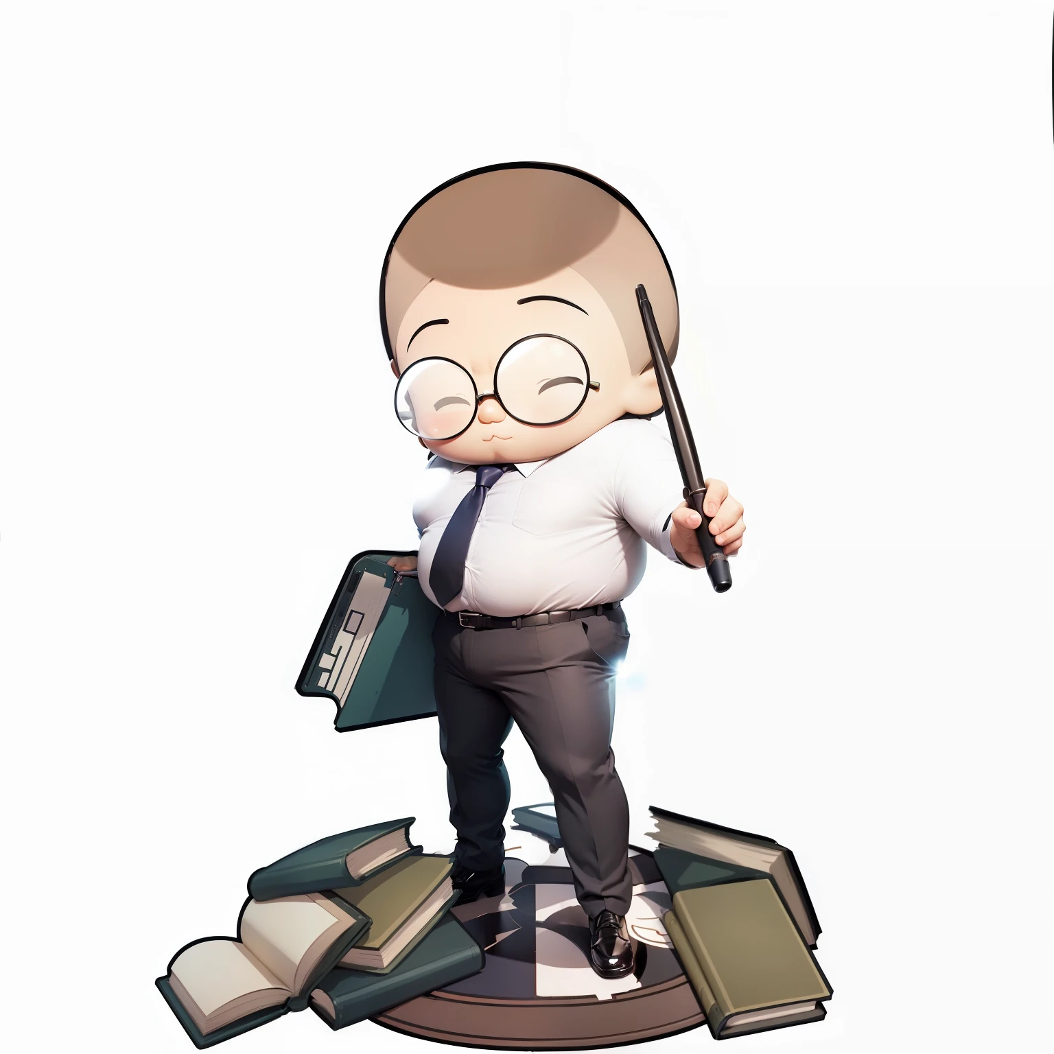 A man in a shirt and suit pants,chunky,Chubby figure,Wearing glasses,inch hair style,Q version manga image with magic wand and book in hand,Korean cute style --auto