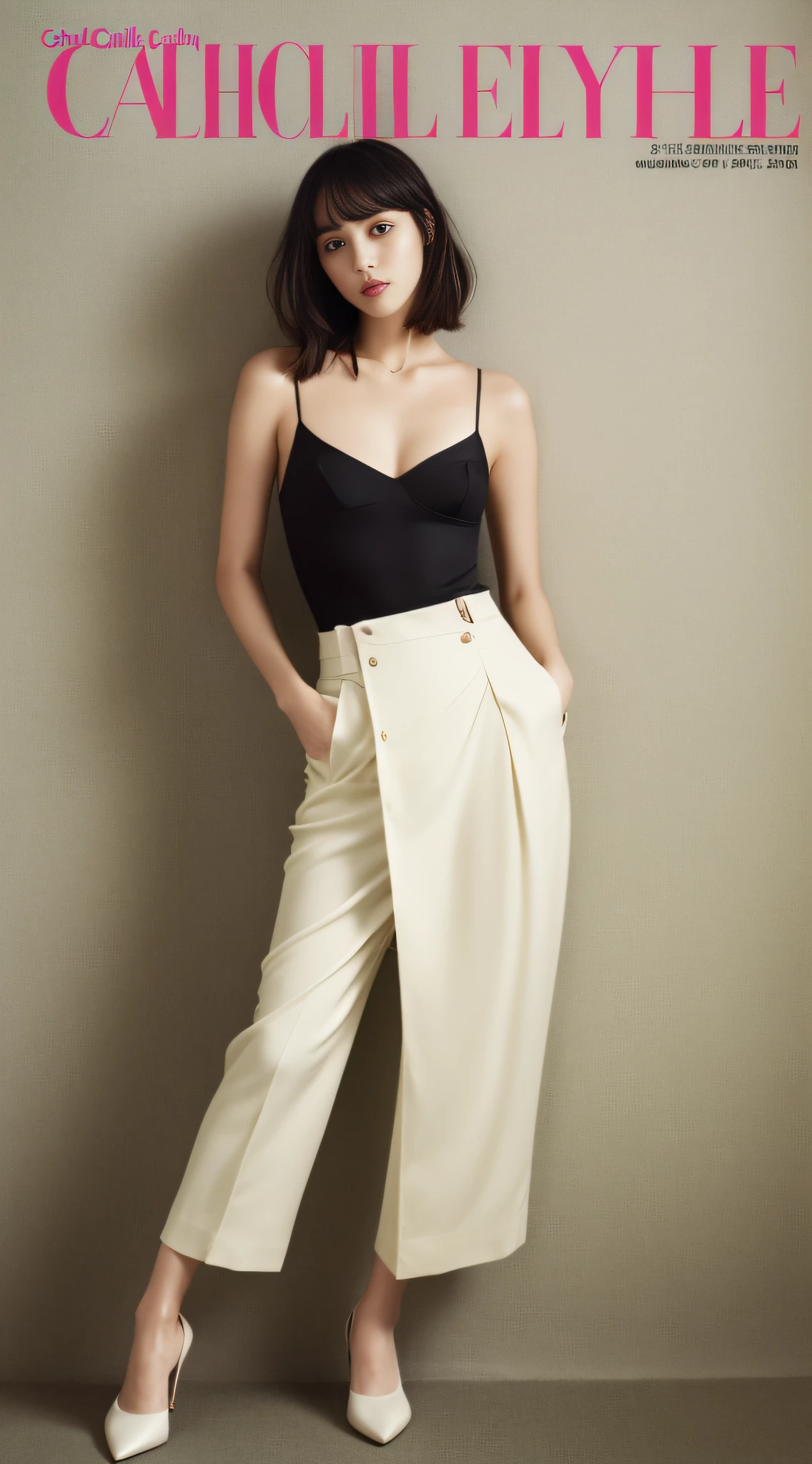 A super beautiful and sexy girl,Big bright eyes,Cool feeling,(Fashion magazine Cole:1.3),(tailored trousers, silk camisole, pointed-toe flats)