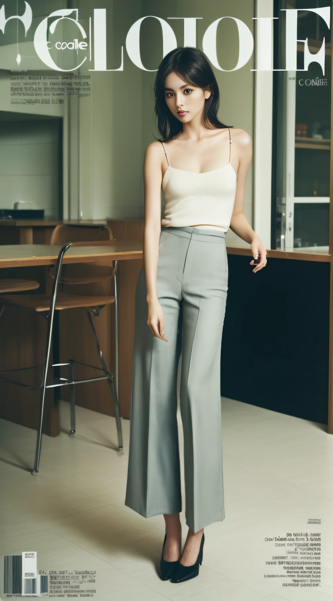 A super beautiful and sexy girl，Big bright eyes，Cool feeling，(Fashion magazine Cole:1.3),（tailored trousers, silk camisole, pointed-toe flats）