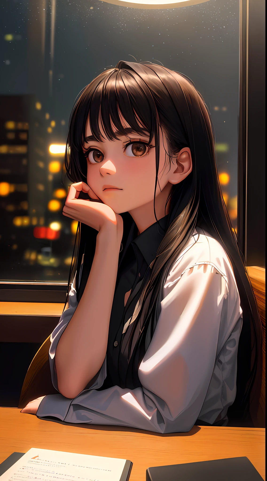 ((masterpiece, best quality, ultra detailed, ultra high res)), ((night)), (distant), chiaroscuro, coffee, indoors, solo focus, pov, (through the window), (armrest), 1girl, facing away, black hair, long hair, distracted, sitting, black collar shirt, (looking away), streetspace, neon lights, particles, dark eyes, black eyes