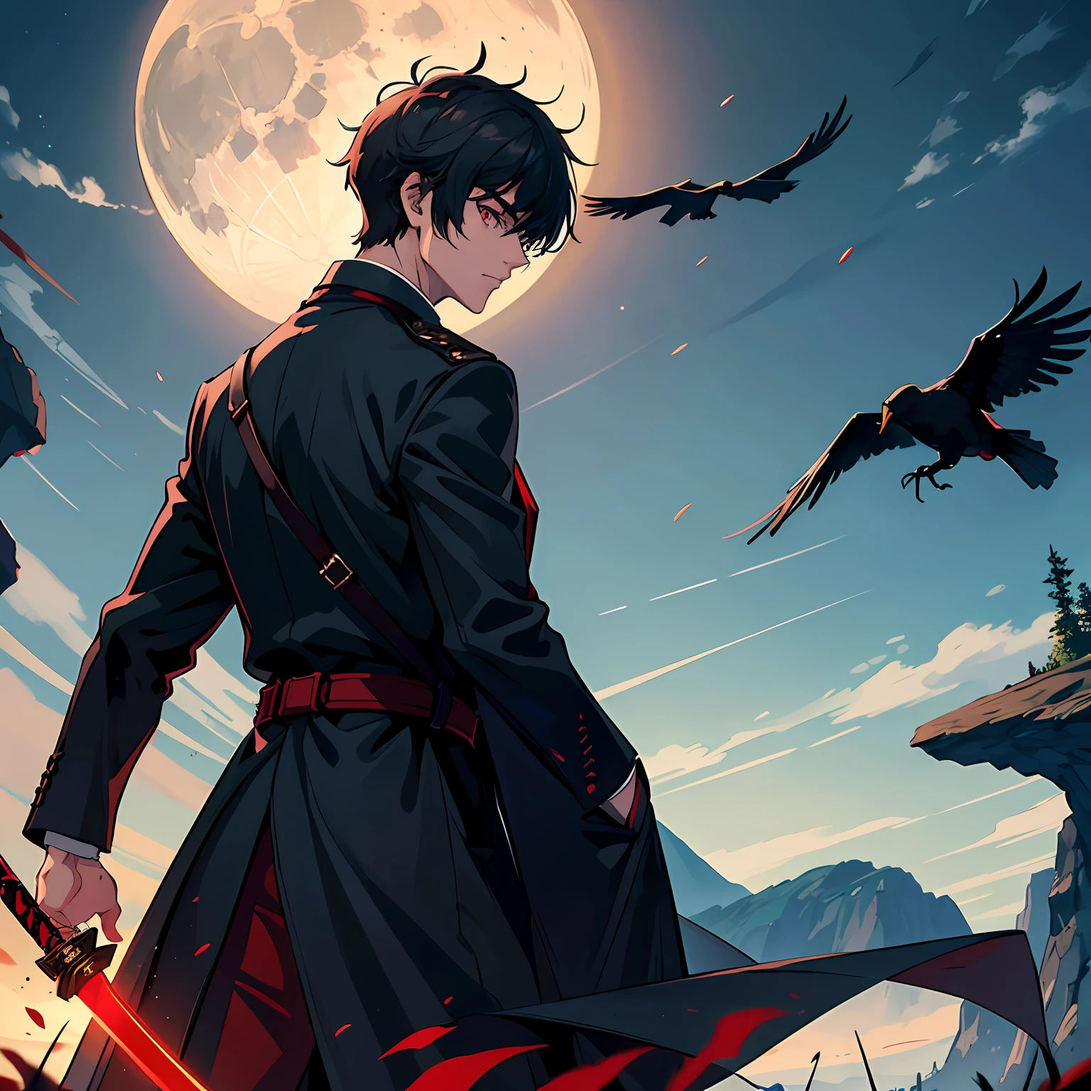 A high resolution，Handsome youth，short length bangs，black color hair，On the back of his head is a small pigtail that stands upright，a black trench coat，Day and night alternate，The moon in the sky is inexplicably missing a corner，The Moon occupies one-sixth of the sky，cliffside，Handsome，realistic shaded，Ray traching，face expressionless，Side rear view，Comic book style，tmasterpiece，zoomout，年轻，fully body photo，Under the cliff is a lake，There is a reflection of moonlight on the lake，A couple of crows，Sparse tree，mont，grassland，male people，With a long sword in his hand，Black and red sword，zoomout，The arms droop naturally，Anime comic style，the detail，schoolboy，red color eyes，Turn Back，One guy，There is a long sword in his hand，standing on cliff。8K，The light and shadow are dim，hyper HD，There was blood on the knife， --auto