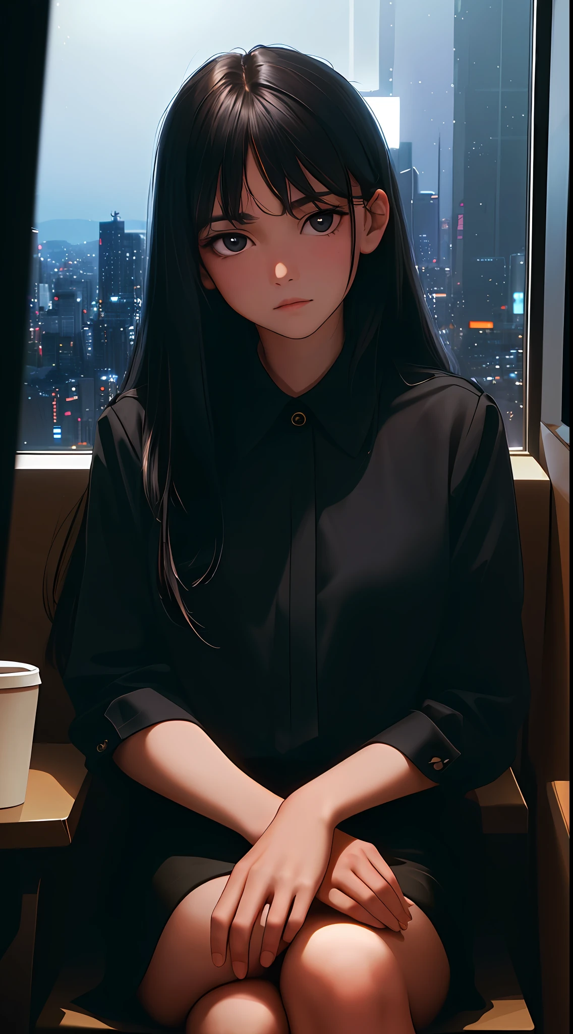 ((masterpiece, best quality, ultra detailed, ultra high res)), ((night)), (distant), chiaroscuro, coffee, indoors, solo focus, pov, (through the window), (armrest), 1girl, facing away, black hair, long hair, distracted, sitting, black collar shirt, (looking away), streetspace, neon lights, particles, dark eyes, black eyes