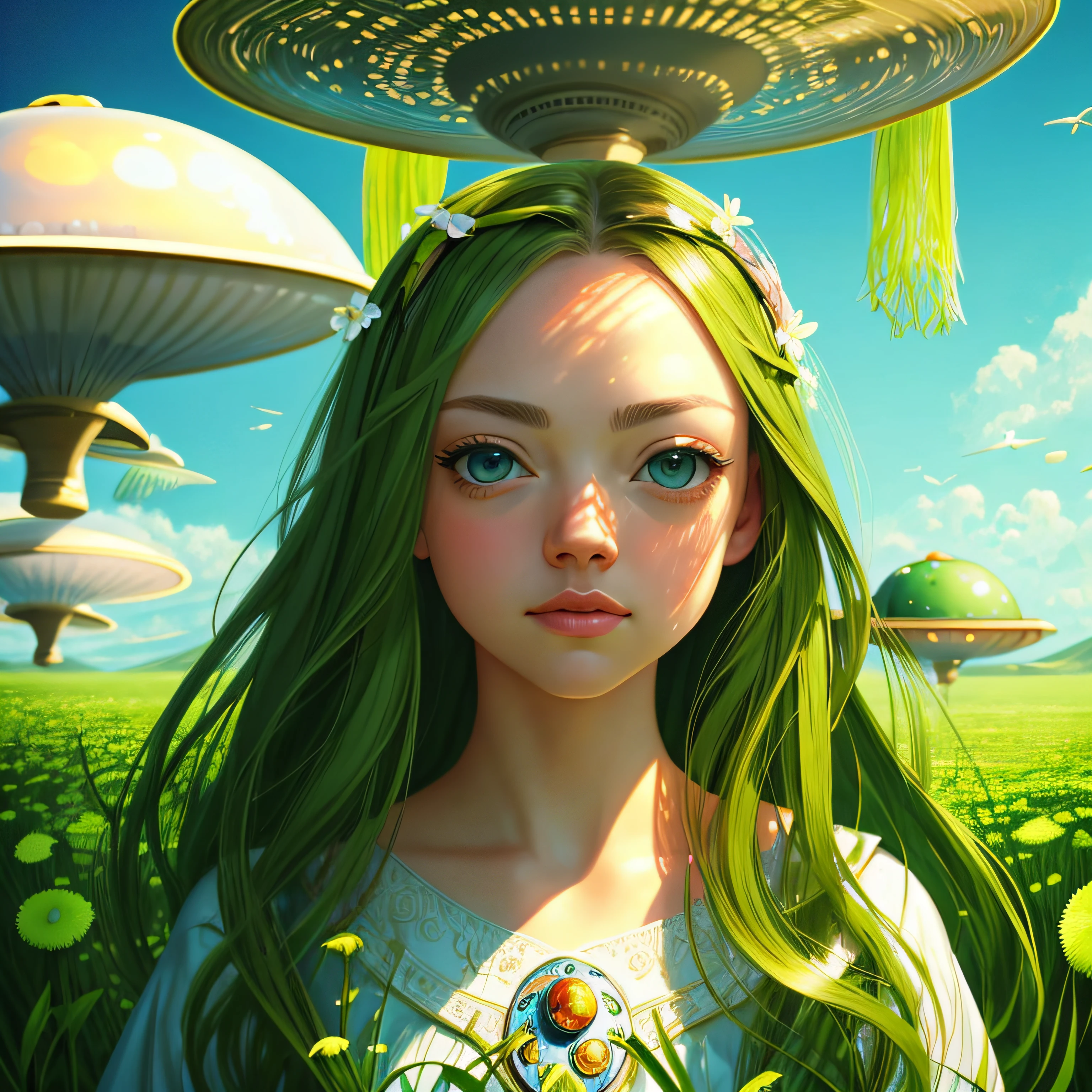 there's Amanda Seyfried who's standing in a field of flowers, (((olhos verdes))), (((flying saucer is visible in the sky))),  arte digital detalhada bonito, Beautiful digital illustration, painting digital adorable, pintura realista da menina bonito, retrato bonito da arte da fantasia, retrato bonito da fantasia, stunning digital illustration, a beautiful artwork illustration, Digital painting nice, lindo pintura digital, retrato da arte da fantasia, bela arte digital, Bela arte UHD 4K