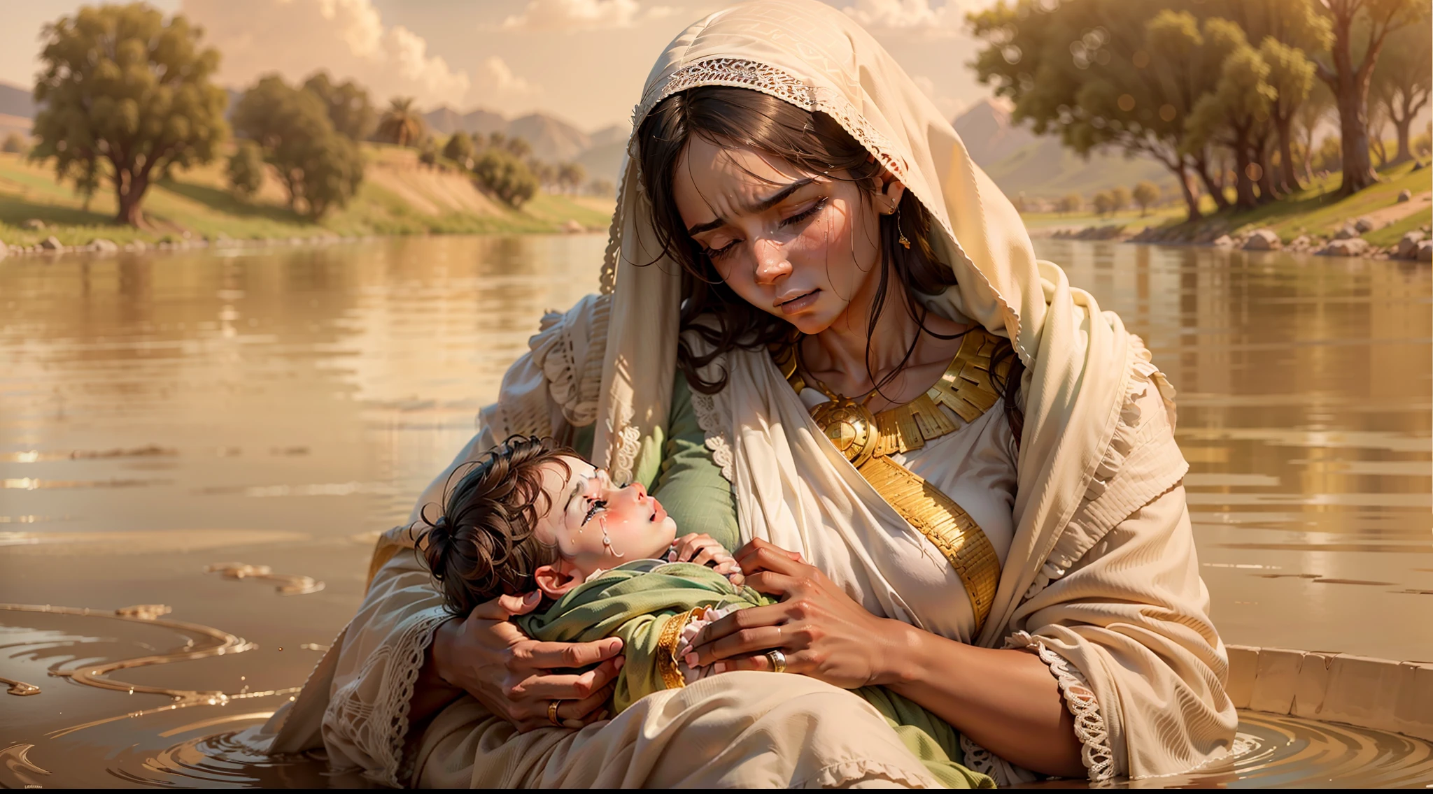 ((lifelike lighting, Melhor qualidade, 8K, Obra-prima: 1.3)), Foco claro: 1.2,Draw a heartbreaking scene in which Moses' mother, uma mulher hebreia, is on the banks of the Nile River, Holding your newborn in your arms with tears in your eyes. His face expresses anguish and resignation in the face of a difficult decision, but necessary.
The Nile River is depicted in its majesty, with calm waters and wide shores. The Hebrew mother cautiously approaches the riverside, symbolizing the extreme care she takes to ensure her child's safety.
Baby Moses is portrayed as a frail and innocent being, envolto em panos simples e seguros. His face is serene, like that of any newborn, while he seems asleep or looking with curious eyes at the world around him.
Emocionalmente carregada, The scene is enhanced by overcast skies, evoking a sense of melancholy and uncertainty regarding the baby's fate. The wind can shake up the surrounding vegetation, criando um ambiente de instabilidade e medo.
Take care to portray Moses' mother with empathy, representando-a como uma figura corajosa, who makes this painful decision in order to protect their child. The overall tone of the illustration should be melancholy, conveying the depth of the situation, but also charged with hope, symbolizing the desire for a better future for baby Moses