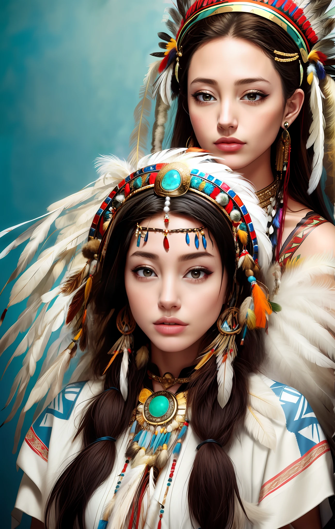 (full portrait), (half shot), solo, detailed background, detailed face, (stonepunkAI, stone theme:1.1), wise, (female), (native american), (beautiful hair, braids:0.2), shaman, septum piercing, mystical, (gorgeous face), stunning, head tilted upwards, (serene expression), calm, Seafoam Green frayed clothes, prayer beads, tribal jewelry, feathers in hair, headdress:0.33, jade, obsidian, detailed clothing, cleavage, realistic skin texture, (floating particles, water swirling, embers, ritual, whirlwind, wind:1.2), sharp focus, volumetric lighting, good highlights, good shading, subsurface scattering, intricate, highly detailed, ((cinematic)), dramatic, (highest quality, award winning, masterpiece:1.5), (photorealistic:1.5), (intricate symmetrical warpaint:0.5),