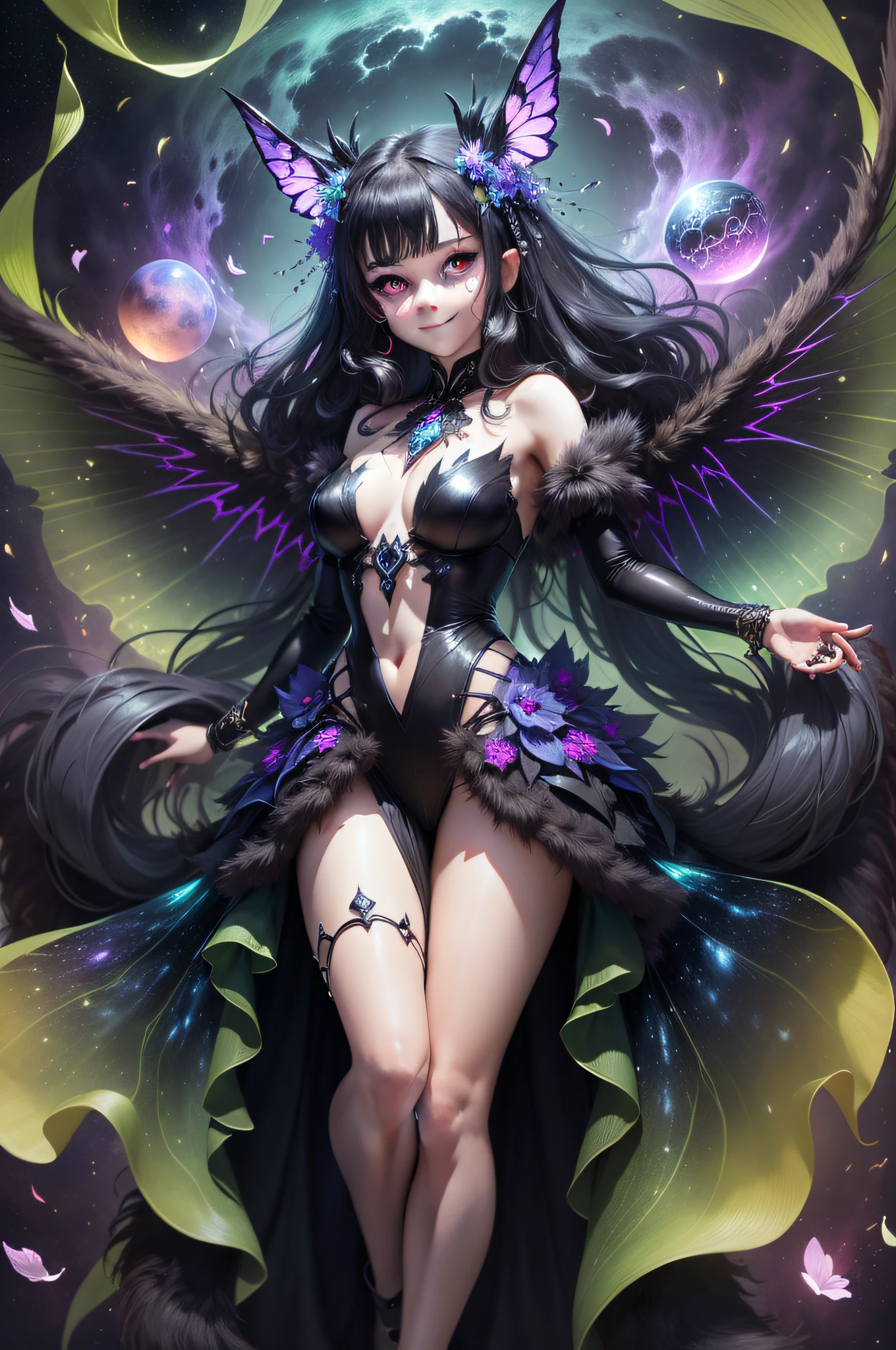 (mothwoman), (expensive Semi-sheer gown), glowing eyes, masterpiece, absurd, cute full body hairy skin, perfection, perfect light, soft, illustration, fluffy dress, shy, shy smile, light blush, halation, rays of light, caustics, (oversize fur trim), moth wings, abandonded beauty, black sclera, multiple arms, sheer cloth, antenna on hair, feather beauty, pale skin, iridescent, warmth light, inner glow, all faith soul, starry occult, flushed cheeks, botanical party, (deep void hole Background, neon body, (weeb space photography), Actias dubernardi, flying in dynamic pose, nebula, reality, Depth of Field, Surface shading, overload, demonic petals, powerful color, scoffing, naughty, simpaty, led glowing, demon spirit, altruist, dark black nightmare, high contrast, deep black shadows, extremely expensive led lights, gemstone, extreme elegant, (adorned with intricate magical symbols and glowing runes), glowing orbs, ethereal energy,