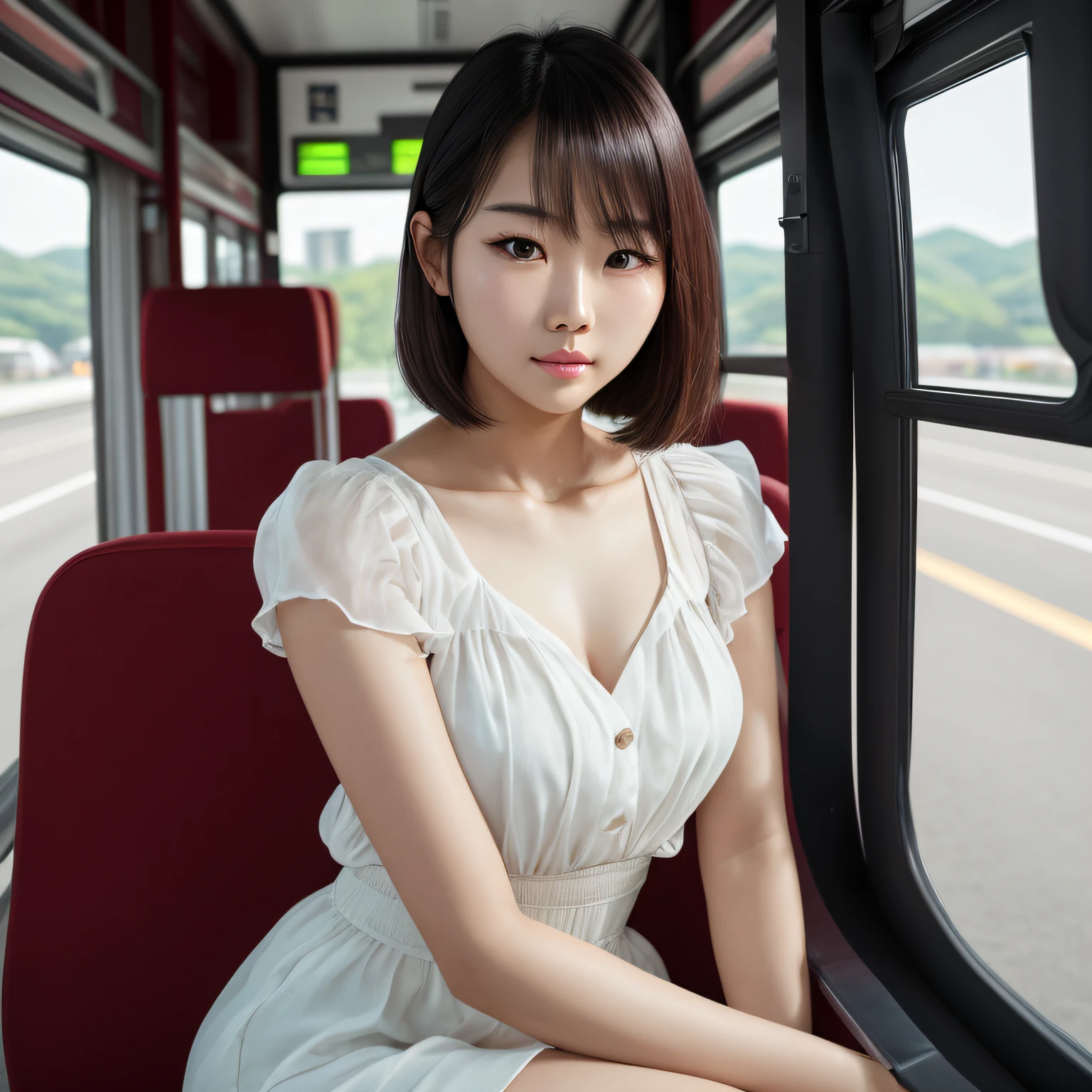 Sitting on the bus looking out the window at the Araki woman,gorgeous korean young woman,beautiful Korean women,Beautiful Korean young woman,Korean girls,Beautiful Asian Girls,gorgeous chinese models,Korean woman,Cute and delicate face,ulzzangs,Beautiful girl model,Korean female fashion model,Beautiful asian woman,Young and cute Korean face,Short hair and glare eyes,Best quality, 超高分辨率, (Photorealistic:1.4), Ultra detailed, Masterpiece, (8k, RAW photo, best quality , :1.2),Delicate face,Delicate figure,high high quality,Real human skin --auto