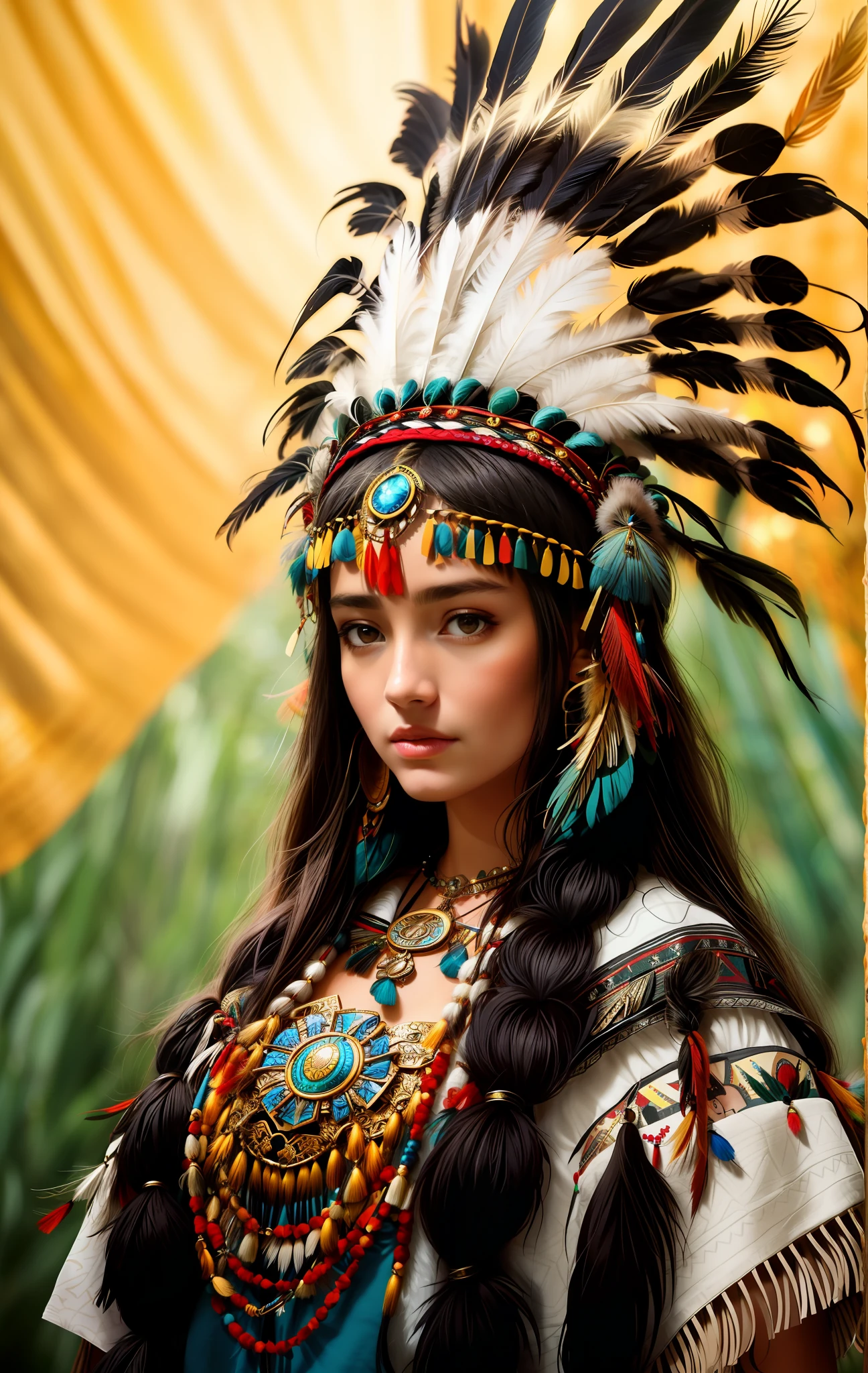 (full portrait), (half shot), solo, detailed background, detailed face, (stonepunkAI, stone theme:1.1), wise, (female), (native american), (beautiful hair, braids:0.2), shaman, septum piercing, mystical, (gorgeous face), stunning, head tilted upwards, (serene expression), calm, Seafoam Green frayed clothes, prayer beads, tribal jewelry, feathers in hair, headdress:0.33, jade, obsidian, detailed clothing, cleavage, realistic skin texture, (floating particles, water swirling, embers, ritual, whirlwind, wind:1.2), sharp focus, volumetric lighting, good highlights, good shading, subsurface scattering, intricate, highly detailed, ((cinematic)), dramatic, (highest quality, award winning, masterpiece:1.5), (photorealistic:1.5), (intricate symmetrical warpaint:0.5),