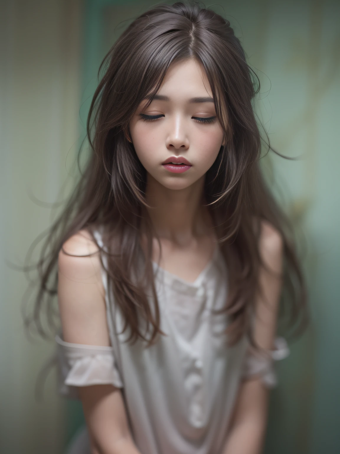 1girl,8k、Raw photo、(masuter piece)1.5、(top-quality)1.5、Hi-Res、Looking Up,(girl with)、(realisitic、Photorealsitic:1.5), (Close eyes):1.0, (Open mouth):1.5 Real numbers、Upper body、brown hair,Sleeveless、skinny、14years((small tits))1.8、Eyes closed、Deep sadness、Sorrow、look up sky、screeming、Bedrooms、Background blur
