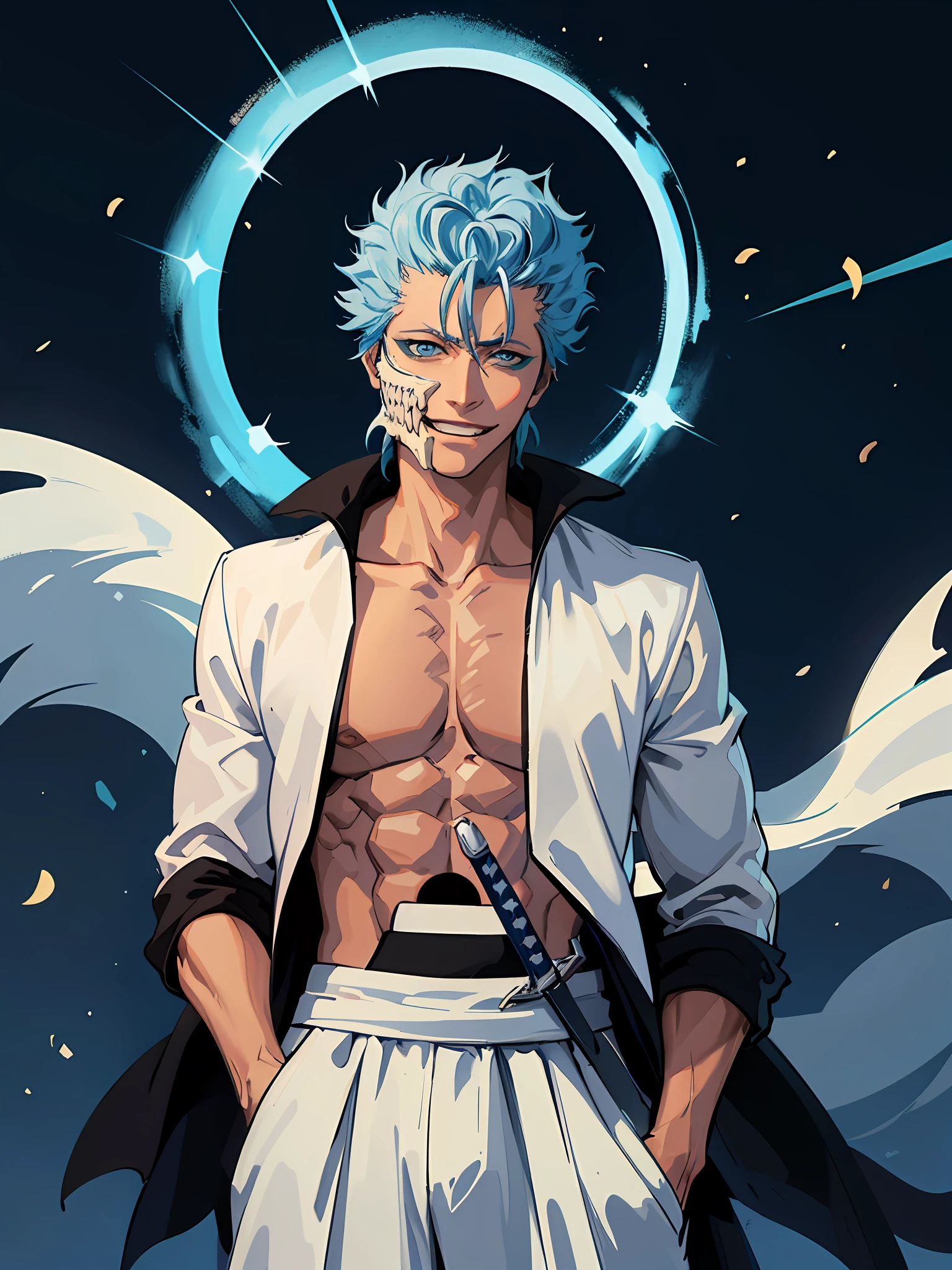 obra-prima, melhor qualidade, 1boy, grimmjow jaegerjaquez, in the nighttime, noite, luz baixa, luz natural, pose de luta, white trousers, jaqueta branca, smiling with tongue out, roupas danificadas, pele danificada, rua, rua japonesa, luz baixa, raios de luz, poder aura, particle floating, segurando uma katana, zanpakutou, olhos zangados, rosto irritado, sorrindo, olhando para frente, foco masculino, strong muscles, movie composition, sorriso maligno, deth of field, bokeh