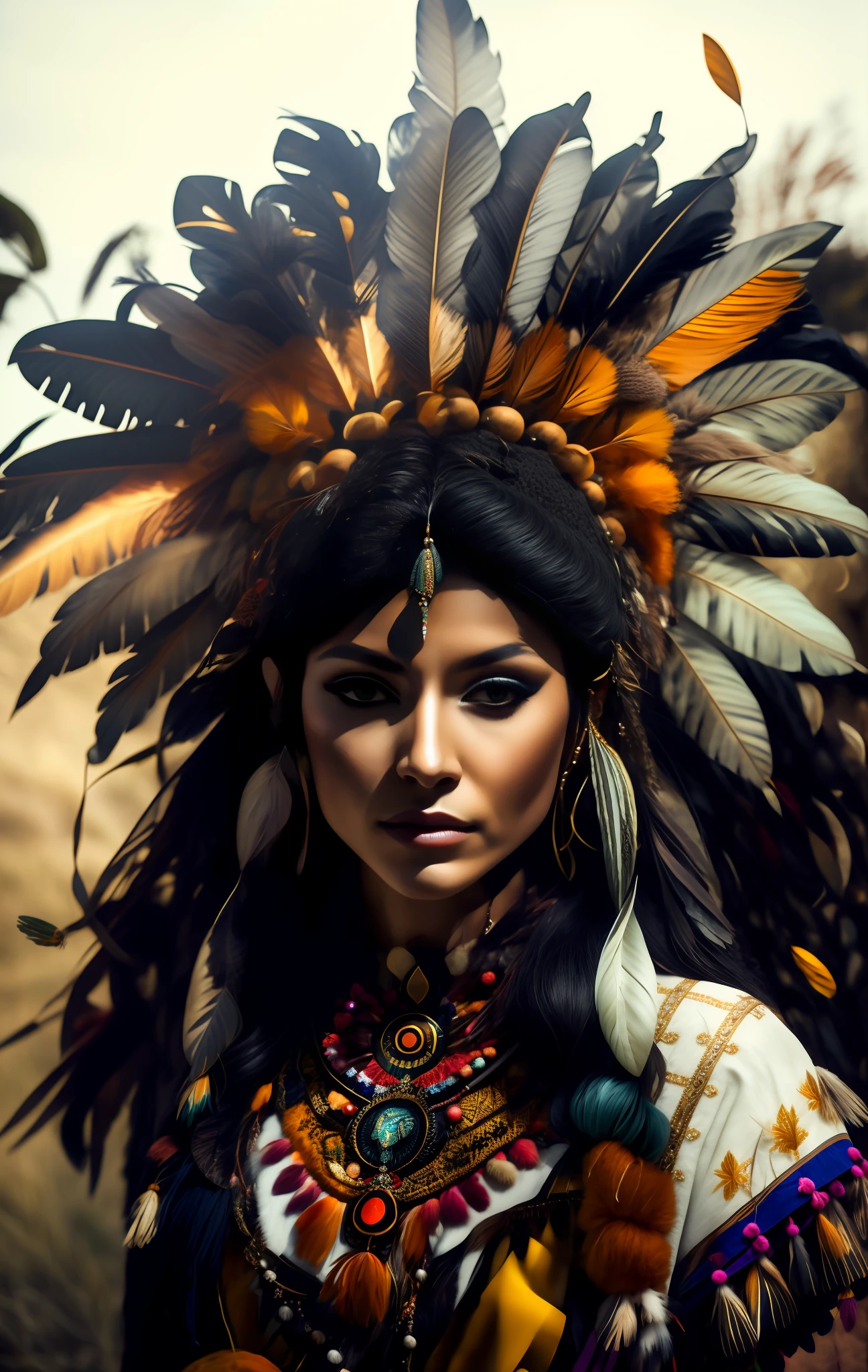 (full portrait), (half shot), solo, detailed background, detailed face, (stonepunkAI, stone theme:1.1), wise, (female), (native american), (beautiful hair, braids:0.2), shaman, septum piercing, mystical, (gorgeous face), stunning, head tilted upwards, (serene expression), calm, Seafoam Green frayed clothes, prayer beads, tribal jewelry, feathers in hair, headdress:0.33, jade, obsidian, detailed clothing, cleavage, realistic skin texture, (floating particles, water swirling, embers, ritual, whirlwind, wind:1.2), sharp focus, volumetric lighting, good highlights, good shading, subsurface scattering, intricate, highly detailed, ((cinematic)), dramatic, (highest quality, award winning, masterpiece:1.5), (photorealistic:1.5), (intricate symmetrical warpaint:0.5),