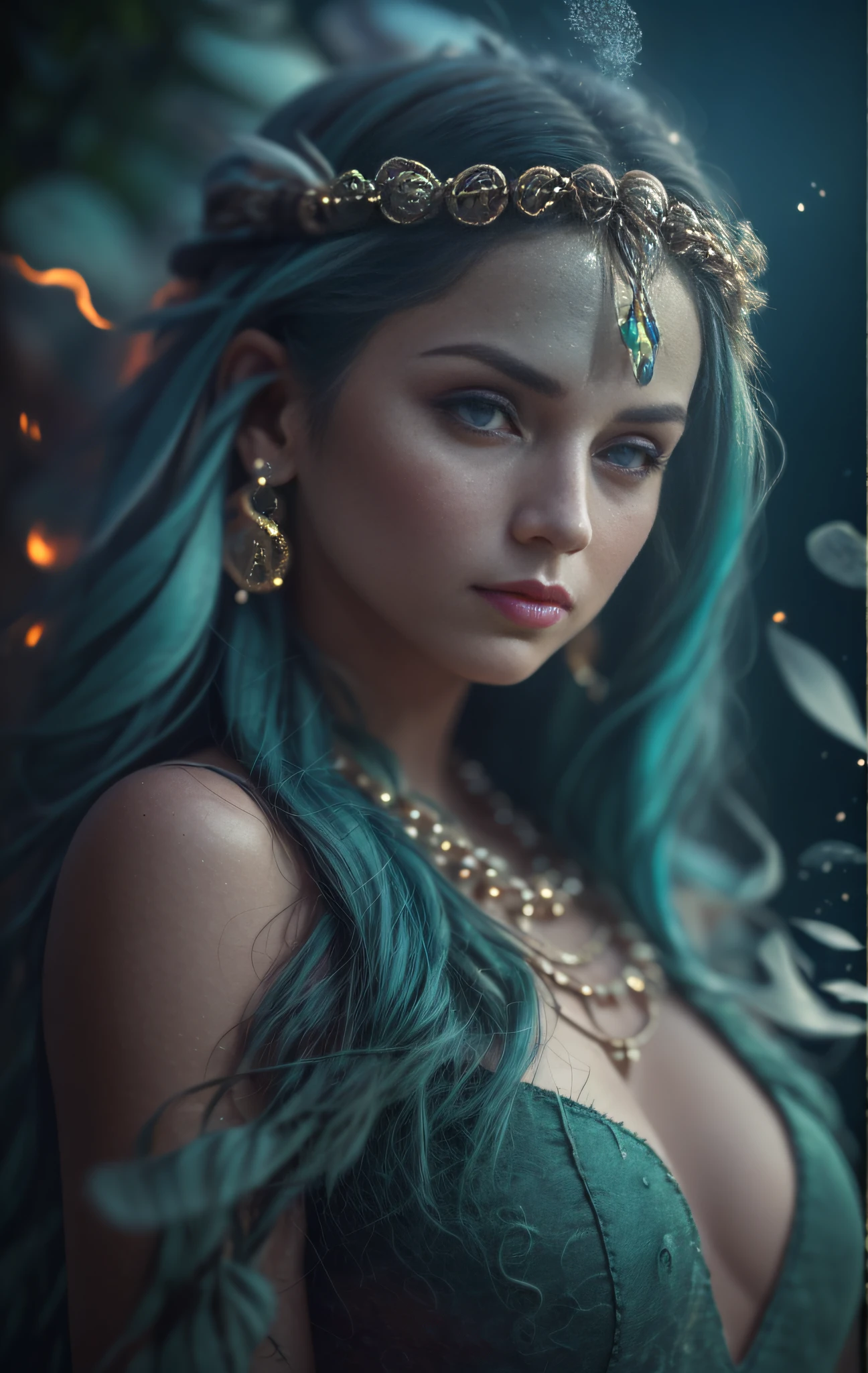 (full portrait), (half shot), solo, detailed background, detailed face, (stonepunkAI, stone theme:1.1), wise, (female), (native american), (beautiful hair, braids:0.2), shaman, septum piercing, mystical, (gorgeous face), stunning, head tilted upwards, (serene expression), calm, Seafoam Green frayed clothes, prayer beads, tribal jewelry, feathers in hair, headdress:0.33, jade, obsidian, detailed clothing, cleavage, realistic skin texture, (floating particles, water swirling, embers, ritual, whirlwind, wind:1.2), sharp focus, volumetric lighting, good highlights, good shading, subsurface scattering, intricate, highly detailed, ((cinematic)), dramatic, (highest quality, award winning, masterpiece:1.5), (photorealistic:1.5), (intricate symmetrical warpaint:0.5),