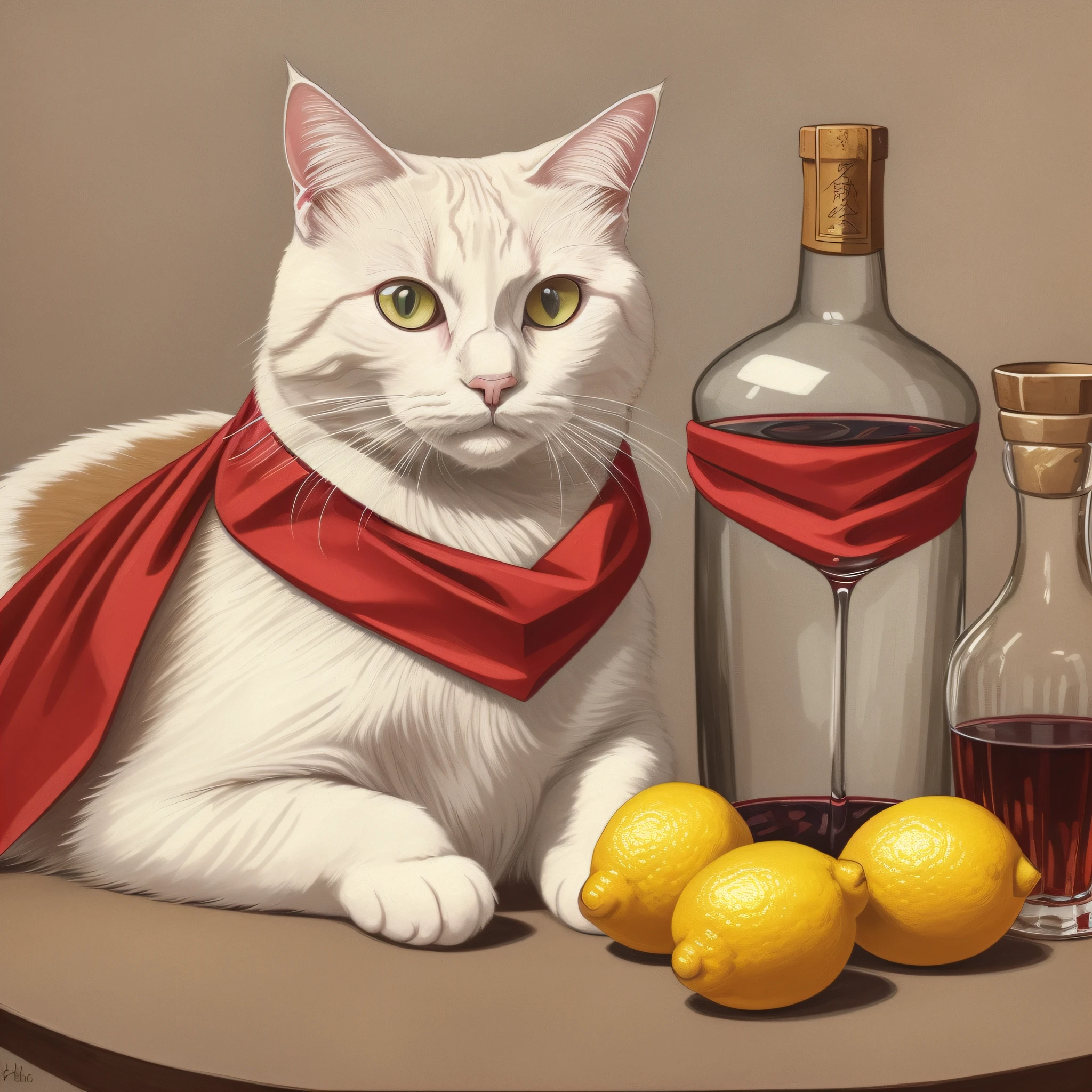 8k,Miyazaki Hayao,white background,no humans,white cat,red neckerchief,
brown wine glass,lemon slice,whiskers,,Vodka bottle, animal focus,
traditional media, animal,, masterpiece, best quality,