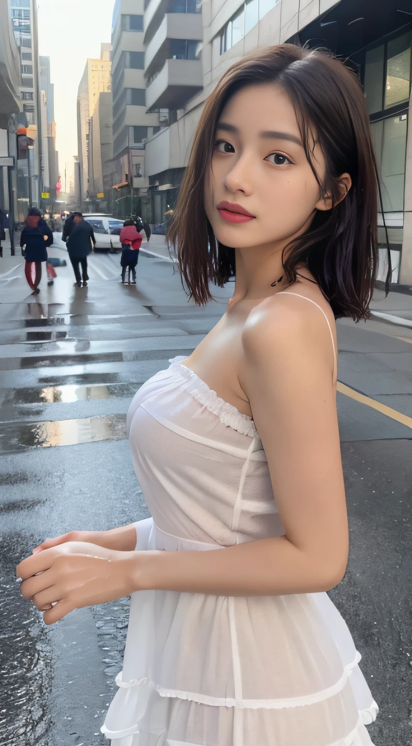 ((Best Quality, 8K, Masterpiece:1.3)), Focus: 1.2, Perfect Body Beauty: 1.4, Buttocks: 1.2, ((Layered Haircut, Breasts: 1.2)), (Wet Clothes: 1.1) , (Rain, Street:1.3), Bandeau Dress: 1.1, Highly Detailed Face and Skin Texture, Delicate Eyes, Double Eyelids, Whitened Skin, Long Hair