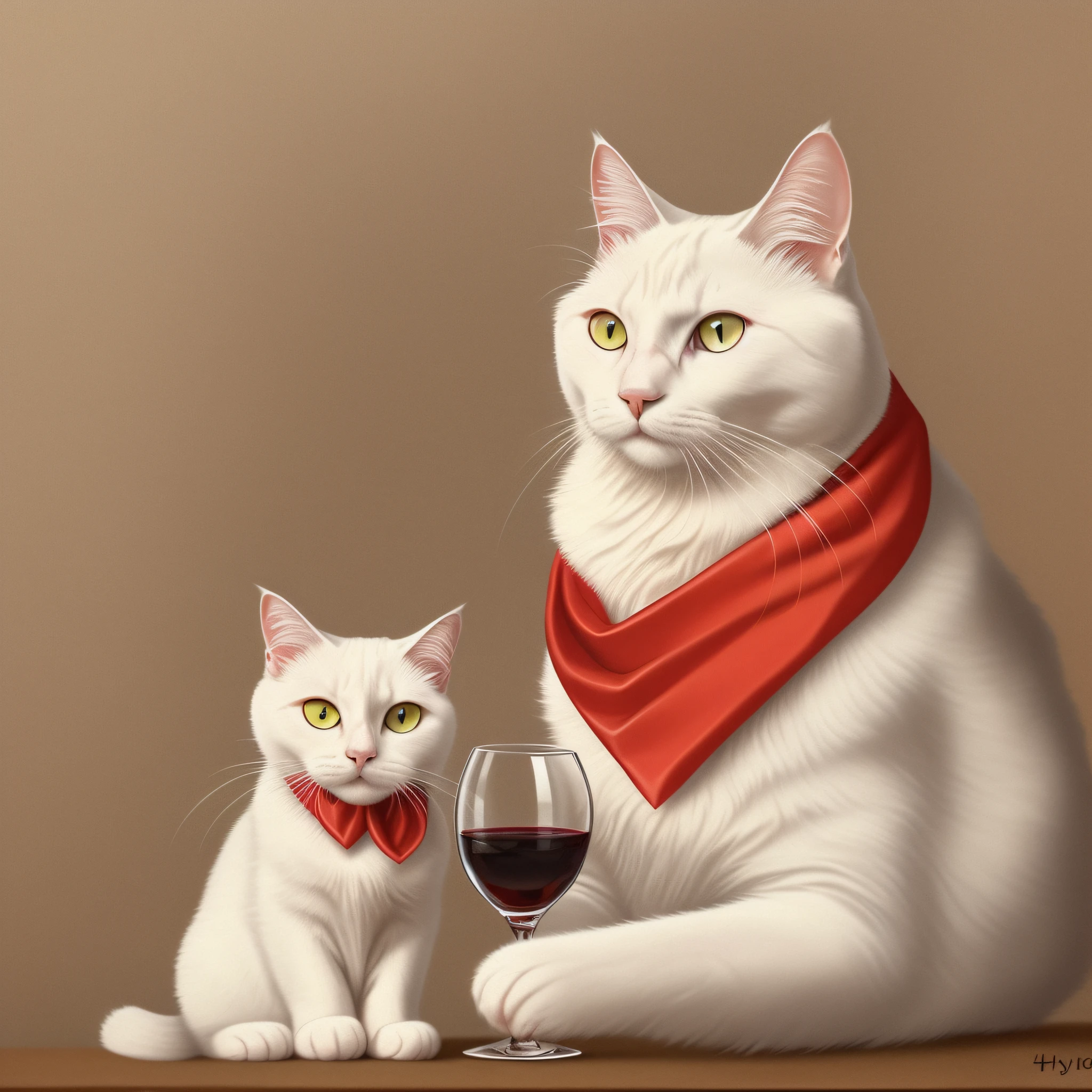 8k，Miyazaki Hayao,white background,no humans,white cat,red neckerchief,
brown wine glass,lemon slice,whiskers,,Vodka bottle, animal focus, 
traditional media, animal,, masterpiece, best quality,