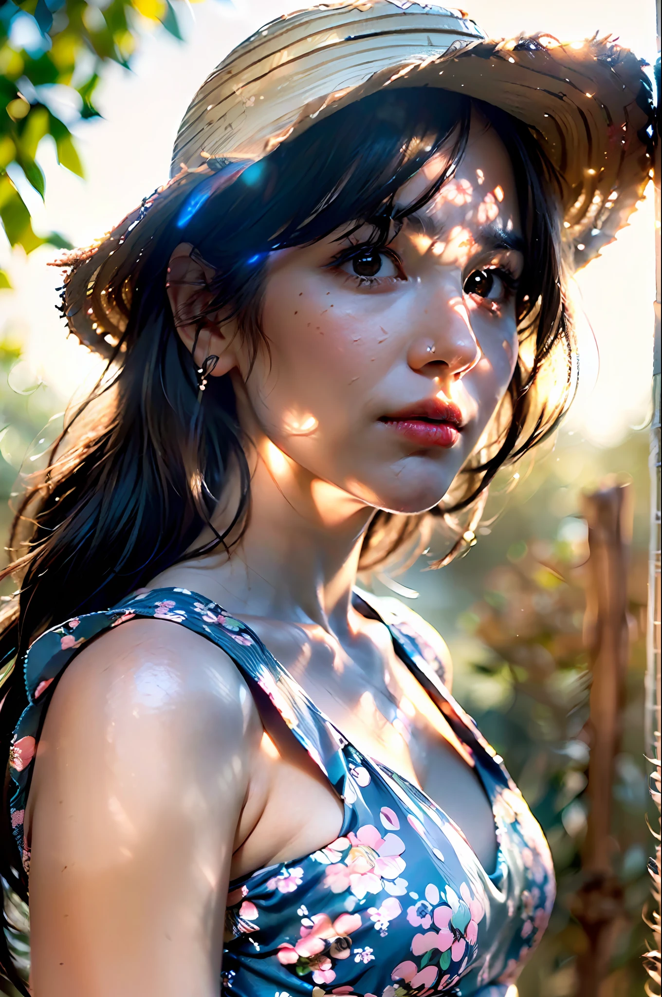 (extreme close up:1.5), (face focus:2),(Style of ???? ???:1.5),
((side face:2)),(1girl surrounded by soft_light:1.5), (backlighting:1.8), (lighting),(flowing fabric:1.3), ((Floral_summer_dress:1.5),(Straw_hat:1.3)),
(masterpiece), realistic, HDR, highly detailed, 8k, raw photo,
ambient occlusion, natural, harmonious composition, warm tones, fine art photography,