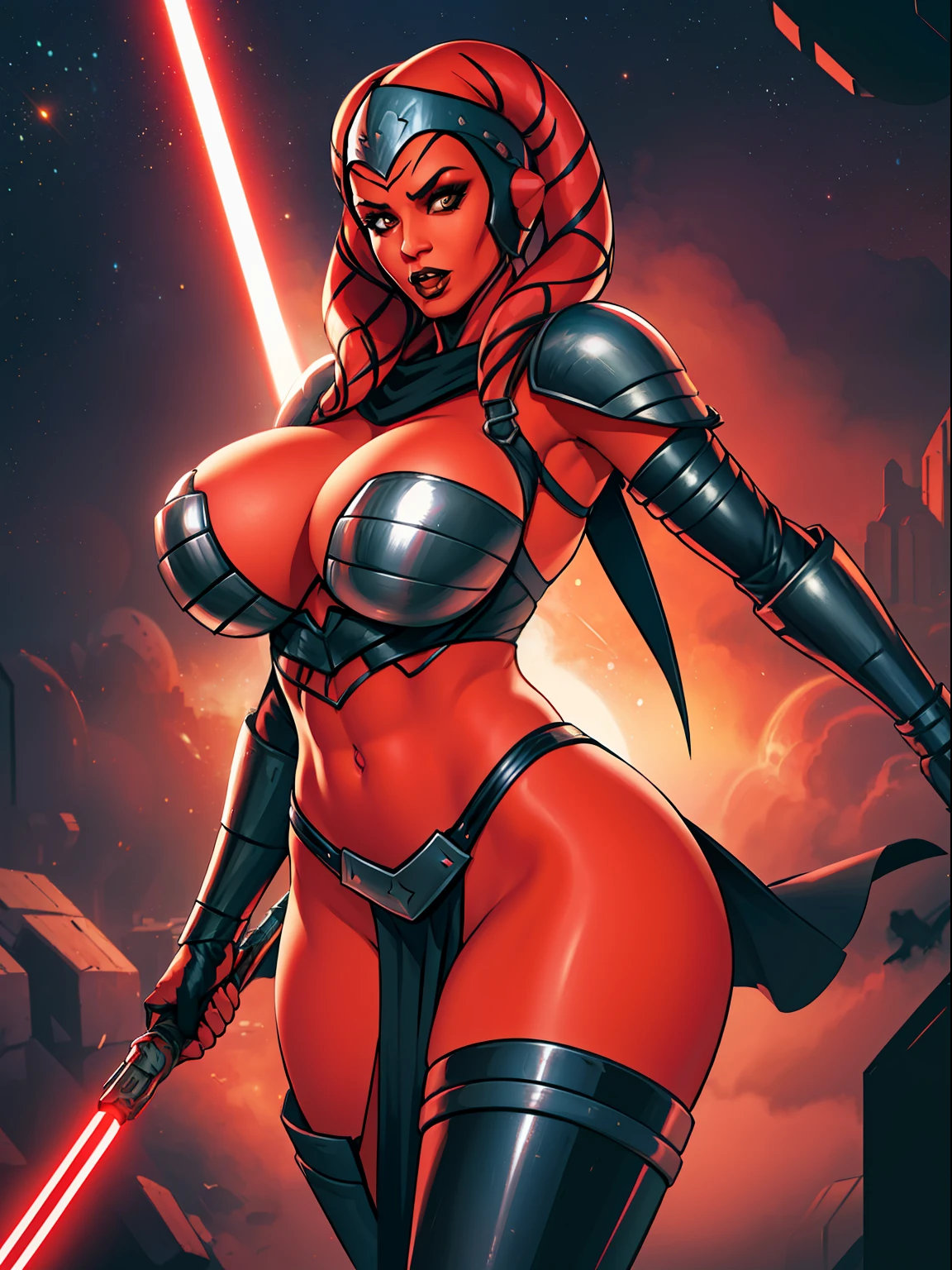 armor, busty, gigantic boobs, ((red skin), twi'lek), dual red lightsabers, evil space knight, space ninja, (wearing black robes, black stealth armor, breastplate, tunic, tabard, cowl, cloak, body glove, straps, buckles, skirts, long sleeves, fantasy, ((armor))), ((busty), slender body, thin, slim sexy body, slim waist, ((gigantic breasts))), Imperial starship, Star Wars,