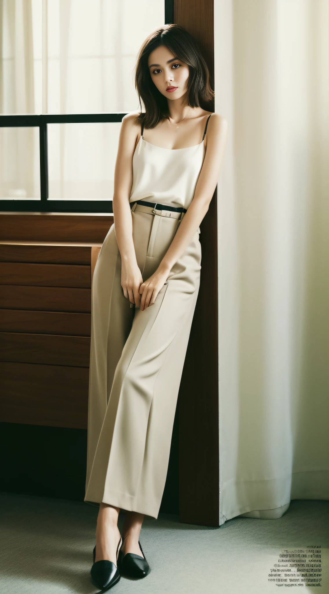 A super beautiful girl，Big bright eyes，Cool feeling，(Fashion magazine Cole:1.3),（tailored trousers, silk camisole, pointed-toe flats）