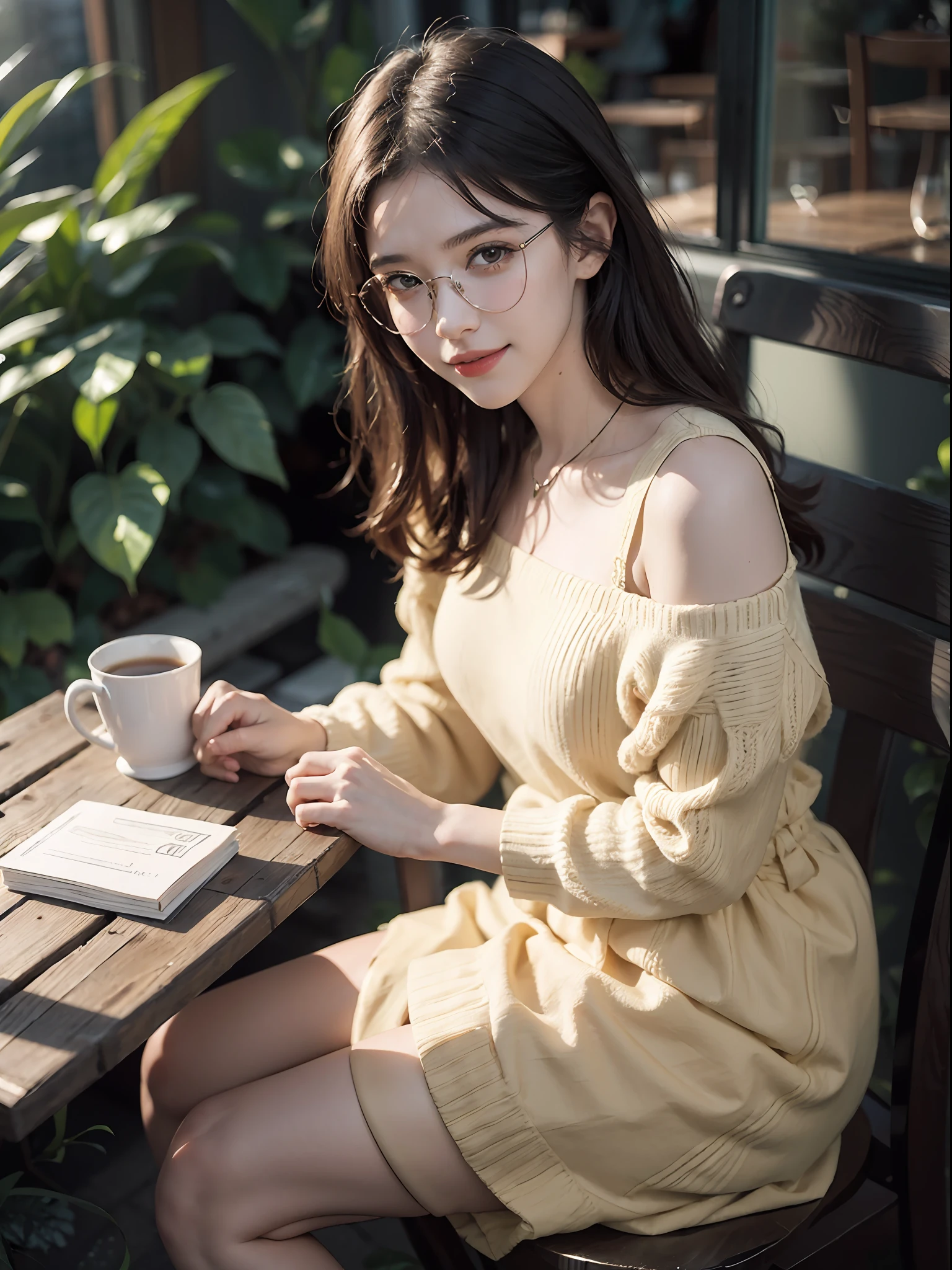 (dark scene, soft lighting, high saturated):1.4, vivid illumination, enchanting elegance, atmospheric depth, masterful technique, naturalistic representations, harmonious composition, creative refinement, striking juxtapositions, (1girl, young beautiful woman), sitting on a cafe chair near a cafe table, smile, looking at viewer, from above, sharp focus, detailed white shirts and skirt, shoulder, ((sunset)),volumetric fog, outdoors, backlight, wearing glasses