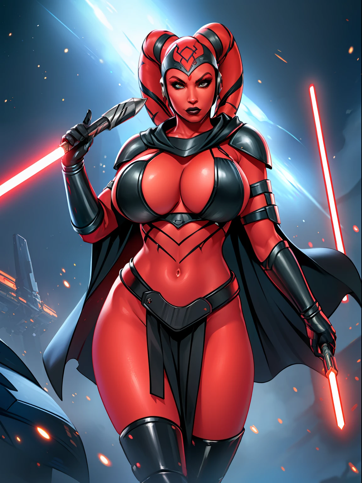 armor, busty, gigantic boobs, ((red skin), twi'lek), dual red lightsabers, evil space knight, space ninja, (wearing black robes, black stealth armor, breastplate, tunic, tabard, cowl, cloak, body glove, straps, buckles, skirts, long sleeves, fantasy, ((armor))), ((busty), slender body, thin, slim sexy body, slim waist, ((gigantic breasts))), Imperial starship, Star Wars,
