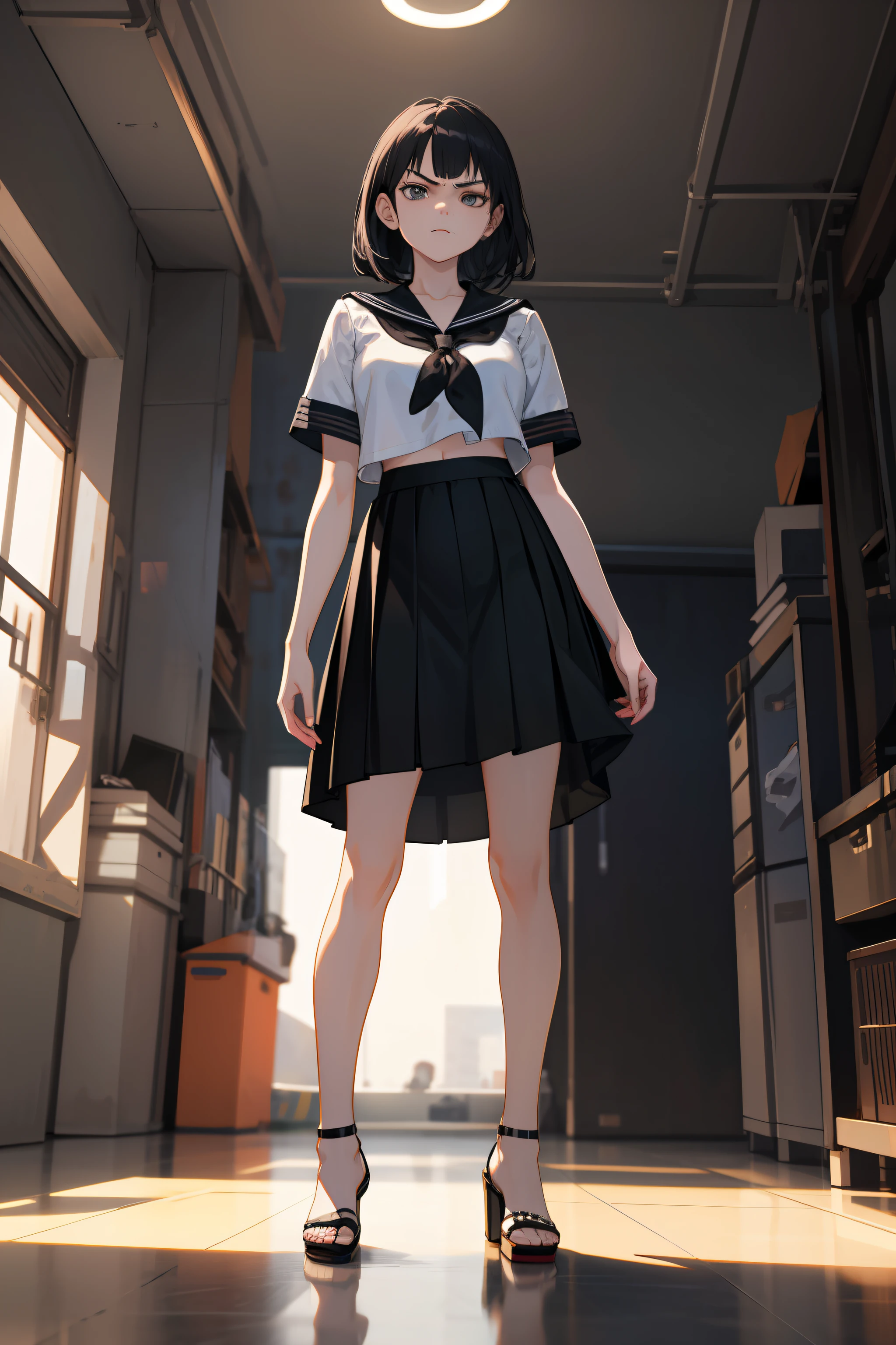 clearface,master piece,hyper quality, Hyper Detailed,Perfect drawing,nffsw,3D,8K,Illustration,a beauty girl,1girll,cabelos preto e longos、((Black sailor suit))、{pleatedskirt((Maxi skirt:1.3))}, Stand with your hands in your skirt pockets, ((Glaring at me sharply)), Beautiful girl with an amazing face, long eyelashes, Slum、 harems、 (High heel sandals)、Dark eyeliner,Outrage、beatiful backgrounds、Detailed drawing、Accurate drawing、Anatomy of the human body、(((Shot from diagonally below)))