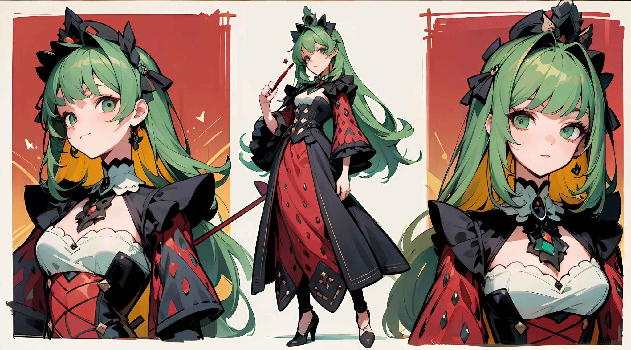 Three-view of roles,character design,Character design,Three View,full bodyesbian,frontage,Lateral face,on back,Set,Lolita prostitute,Very gorgeous,Maximalism,extreme hight detail,RococoStyle,Super long hair,Complex accessories,Complex hairstyles,Strawberry theme,dark red color,green color,strawberry hair ornament,Strawberry-shaped gemstone,Skirts of various materials,Different fabrics,Dark green hair,sceptre