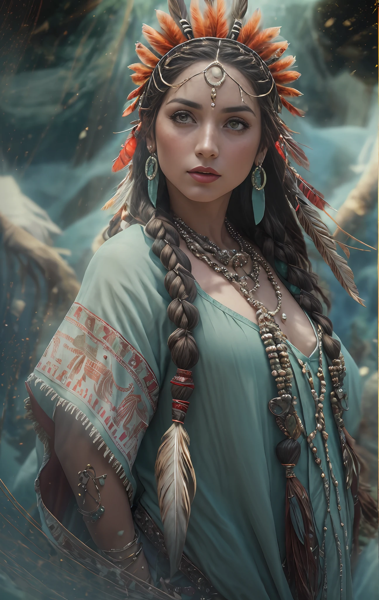 (full portrait), (half shot), solo, detailed background, detailed face, (stonepunkAI, stone theme:1.1), wise, (female), (native american), (beautiful hair, braids:0.2), shaman, septum piercing, mystical, (gorgeous face), stunning, head tilted upwards, (serene expression), calm, Seafoam Green frayed clothes, prayer beads, tribal jewelry, feathers in hair, headdress:0.33, jade, obsidian, detailed clothing, cleavage, realistic skin texture, (floating particles, water swirling, embers, ritual, whirlwind, wind:1.2), sharp focus, volumetric lighting, good highlights, good shading, subsurface scattering, intricate, highly detailed, ((cinematic)), dramatic, (highest quality, award winning, masterpiece:1.5), (photorealistic:1.5), (intricate symmetrical warpaint:0.5),