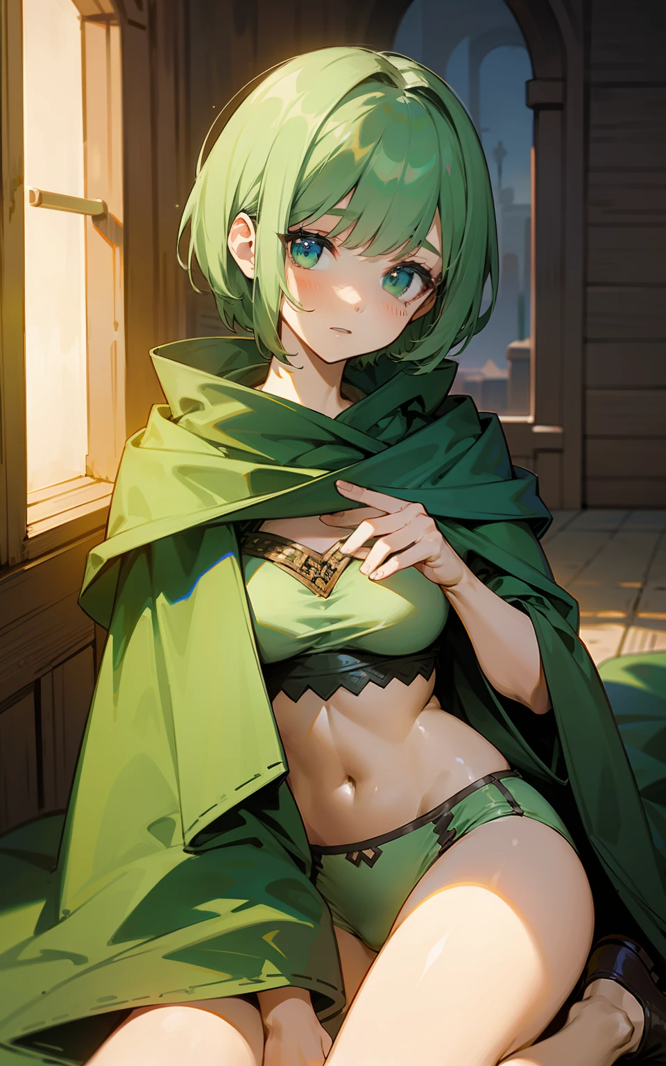 top-quality、hight resolution、detaileds, Desert People、Green cloak over underwear、Inside the desert city at night、green short-haired、Fantasy worldview、