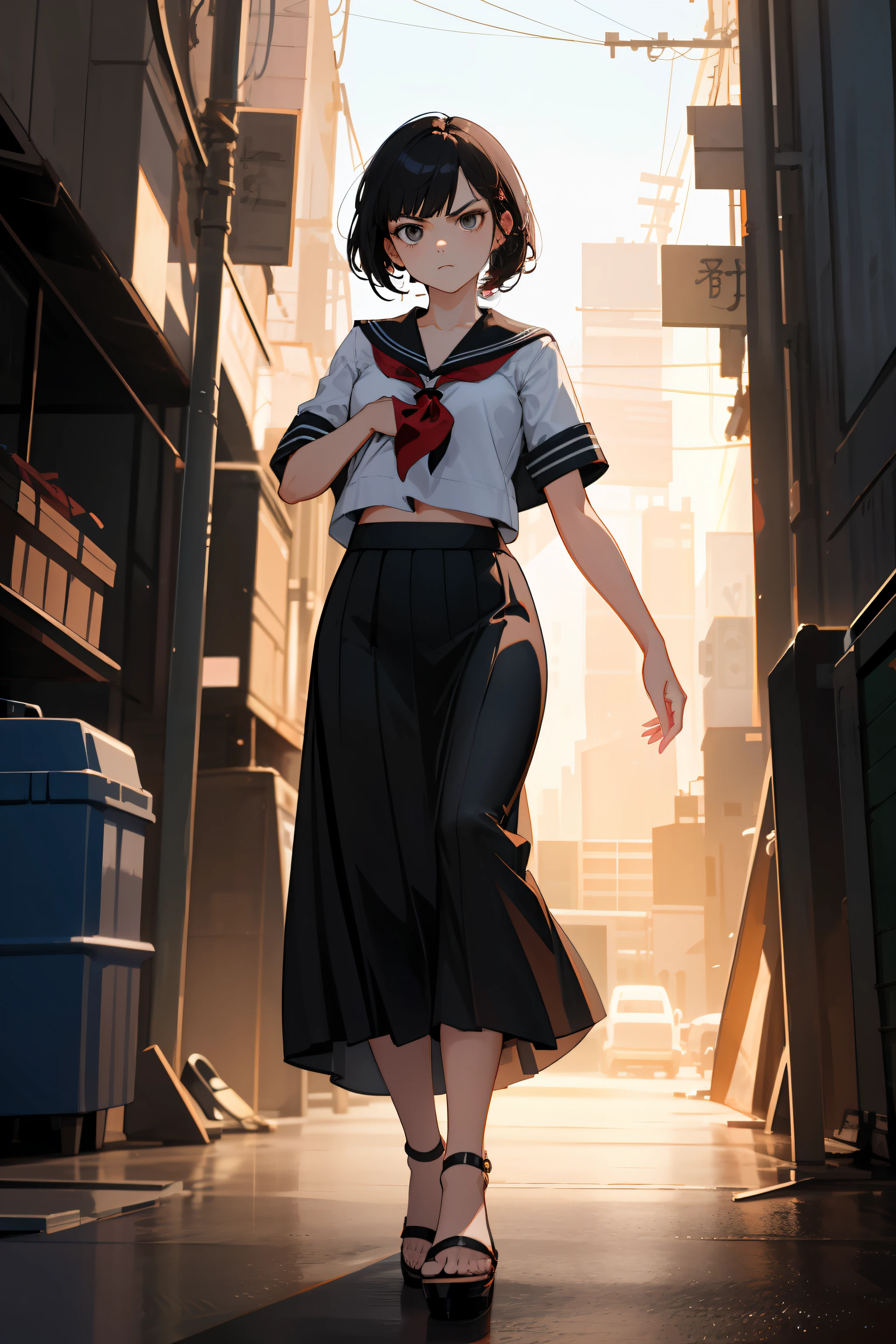 clearface,master piece,hyper quality, Hyper Detailed,Perfect drawing,nffsw,3D,8K,Illustration,a beauty girl,1girll,cabelos preto e longos、((Black sailor suit))、{pleatedskirt((Maxi skirt:1.3))}, Stand with your hands in your skirt pockets, ((Glaring at me sharply)), Beautiful girl with an amazing face, long eyelashes, Slum、 harems、 (High heel sandals)、Dark eyeliner,Outrage、beatiful backgrounds、Detailed drawing、Accurate drawing、Anatomy of the human body、(((Shot from diagonally below)))
