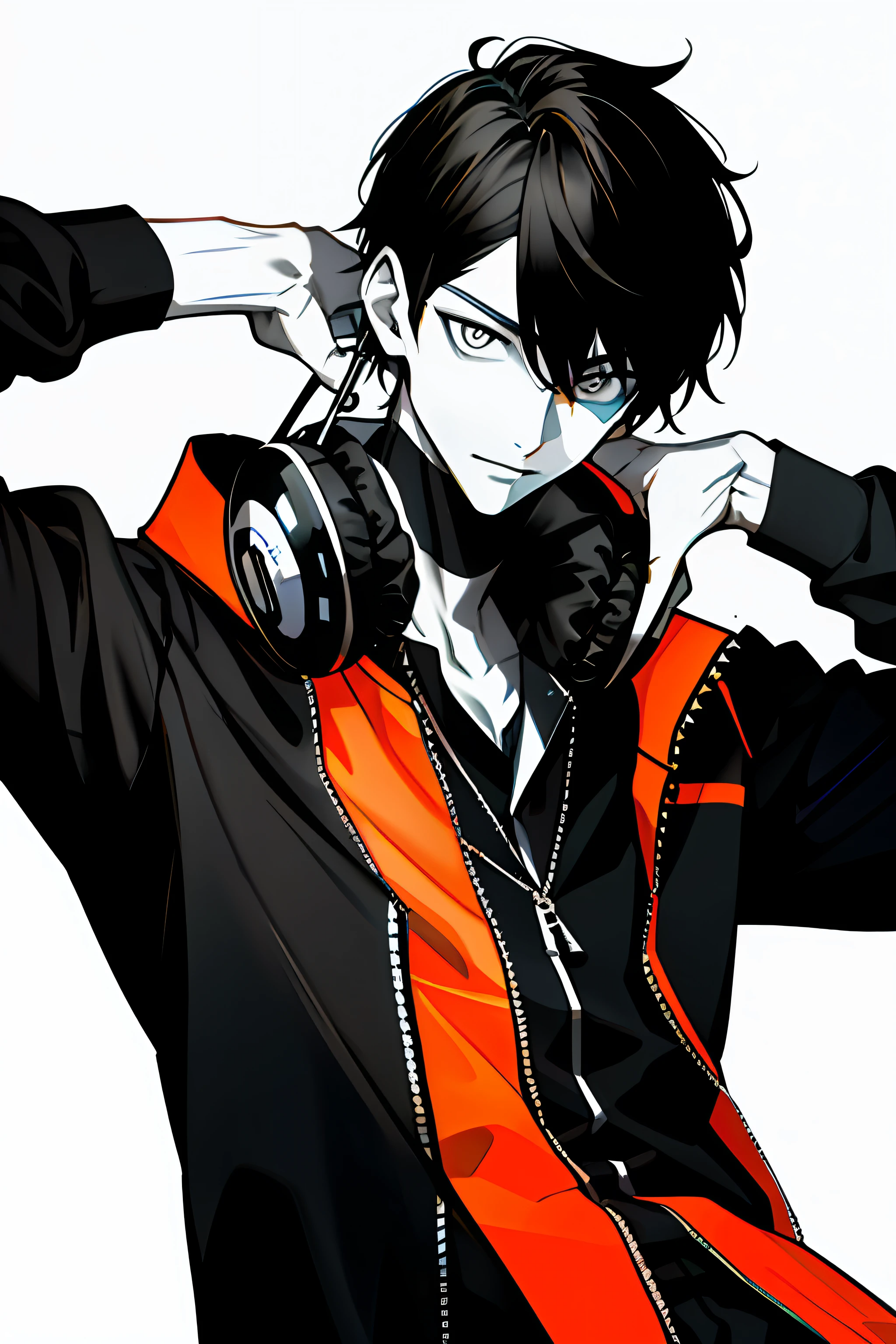 (capa de revista: 1.3), ulzzang-6500, (realista: 1.3) (original: 1.2), obra-prima, melhor qualidade, belo rosto limpo, corpo inteiro, 1boy (Using black and white and cobalt SCIFI technical mask and headphones with complex electronics), wearing black techwear jacket and orange pants with buckle and ribbon, (colar de rapper), posando para uma foto, (cabelo masculino cacheado curto, low fade),