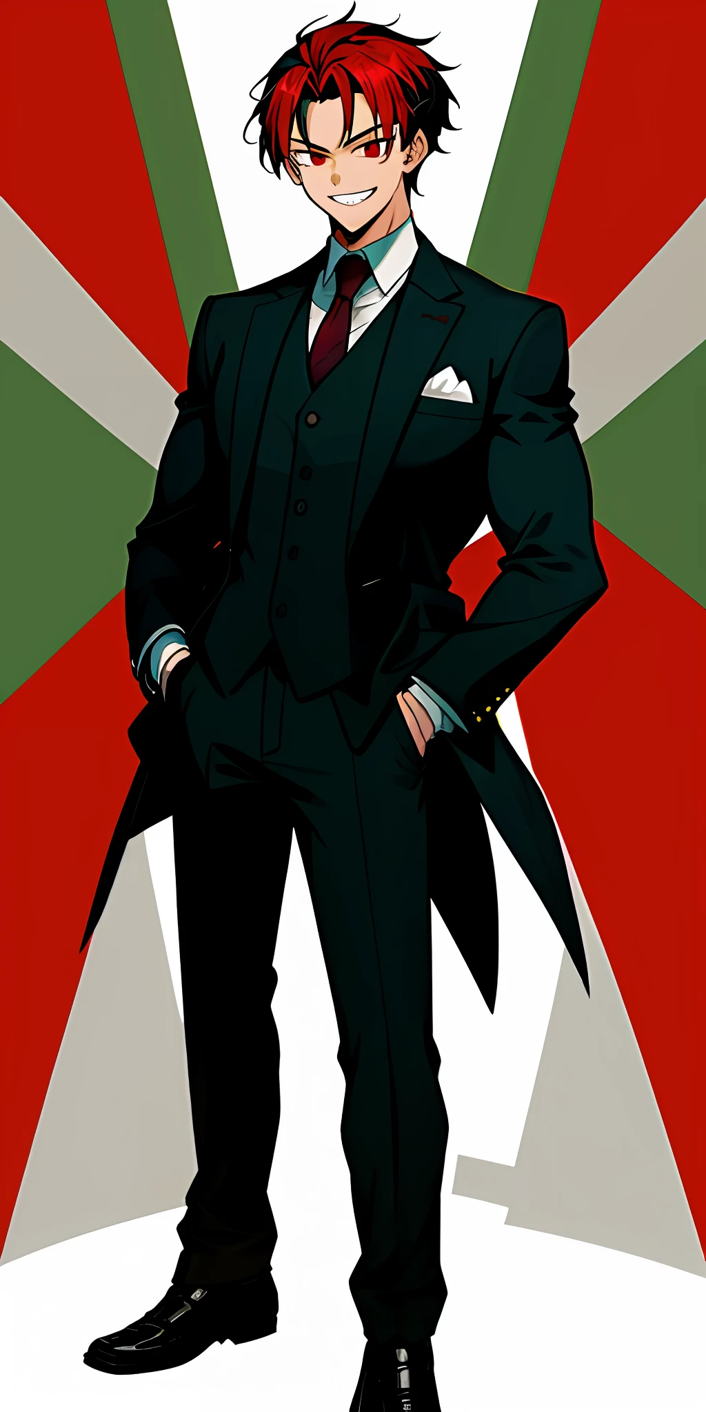 Best quality, masterpiece, 1boy, hands in pockets, suit, cocky grin, muscular, red eyes, black hair, red highlights in hair