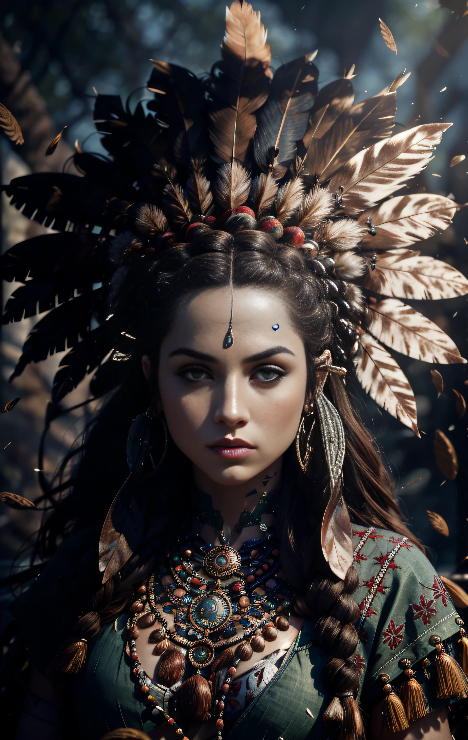 (full portrait), (half shot), solo, detailed background, detailed face, (stonepunkAI, stone theme:1.1), wise, (female), (native american), (beautiful hair, braids:0.2), shaman, septum piercing, mystical, (gorgeous face), stunning, head tilted upwards, (serene expression), calm, Seafoam Green frayed clothes, prayer beads, tribal jewelry, feathers in hair, headdress:0.33, jade, obsidian, detailed clothing, cleavage, realistic skin texture, (floating particles, water swirling, embers, ritual, whirlwind, wind:1.2), sharp focus, volumetric lighting, good highlights, good shading, subsurface scattering, intricate, highly detailed, ((cinematic)), dramatic, (highest quality, award winning, masterpiece:1.5), (photorealistic:1.5), (intricate symmetrical warpaint:0.5),