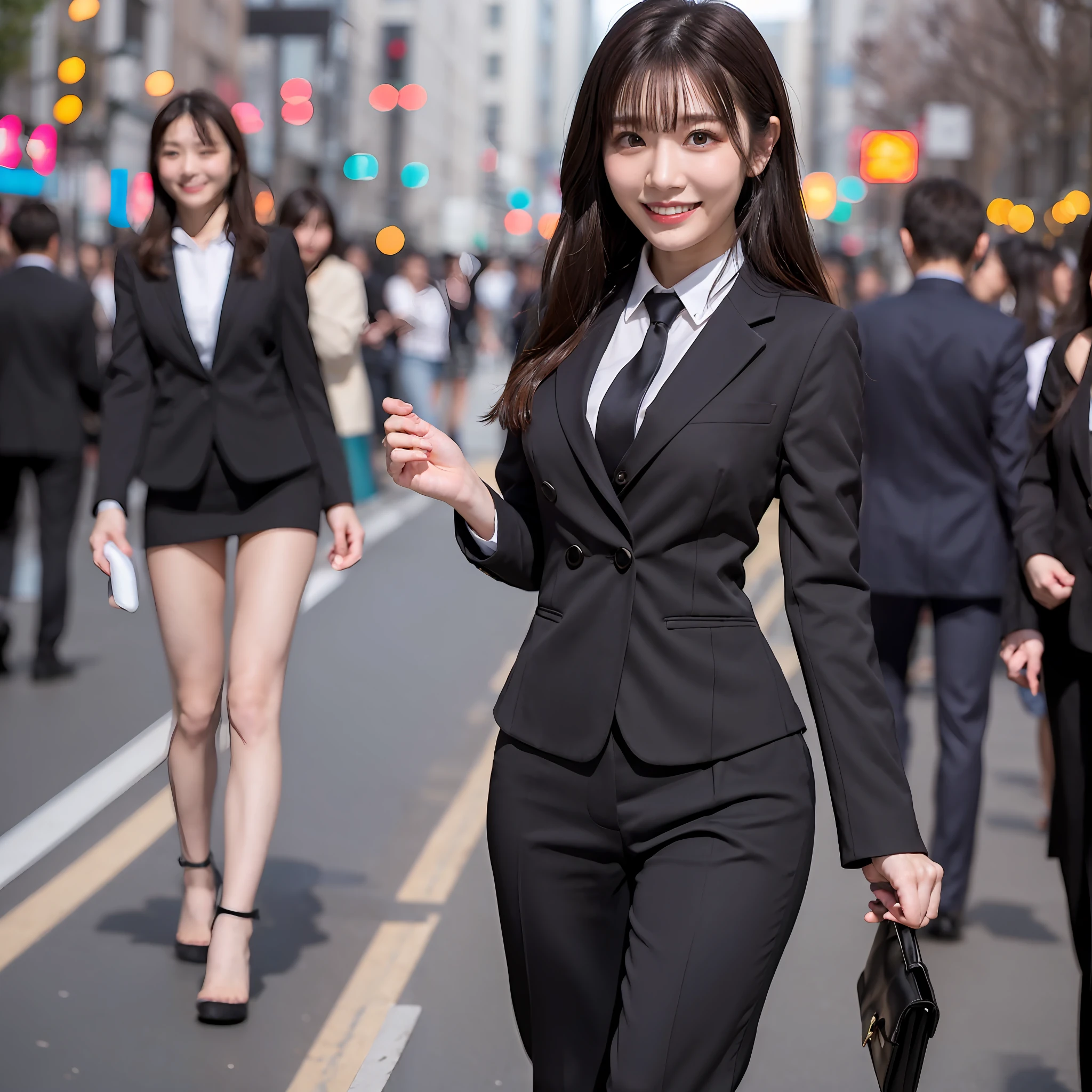 1 rapariga, 独奏, (short-hair), Japanese ido, In body shape, Beautiful eyes double eyelids, babye, Blbusiness suit, tight pants,((s Office)), huge smile, The upper part of the body, Blowing the wind, 30-years old,