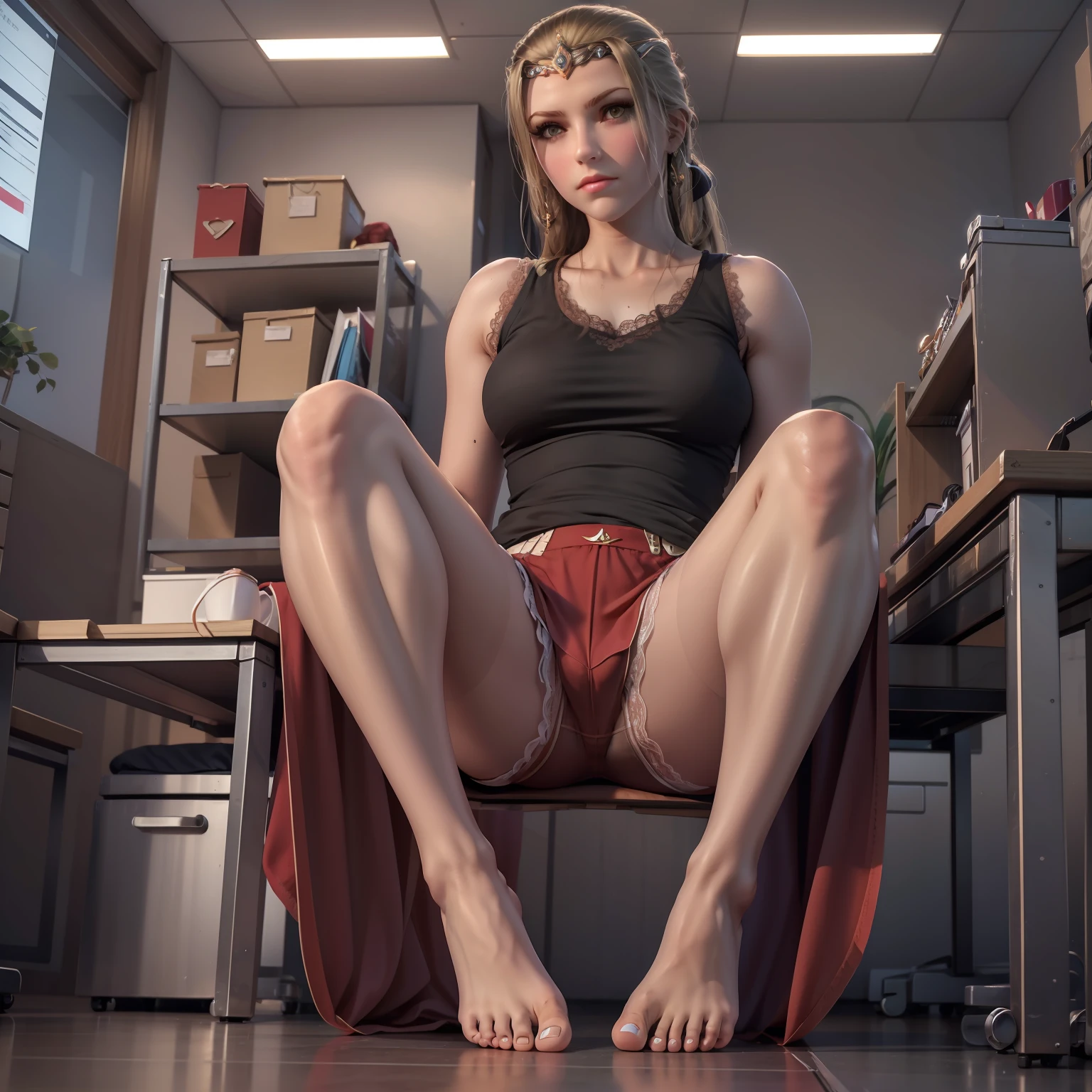 Toes,black tanktop,office room,lift the foot,Female model,Perfect girl,Casual pose,Lace panties,lacepantyhose,noire,Depressed crotch,Crotch gaps,Open crotch,Toes