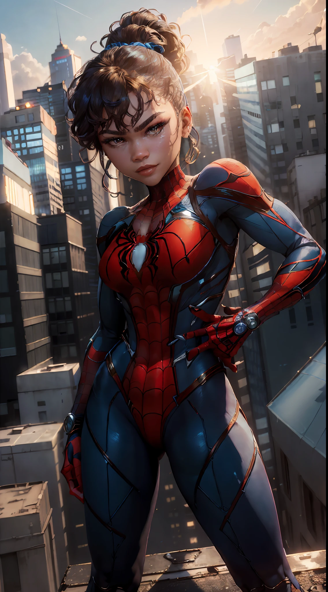 ((Zendaya)), (Masterpiece, 4k resolution, ultra-realistic, very detailed), (blue superhero theme, charismatic, on top of town, wearing blue Spider-Man costume, she's a superhero), [((25 years), full body, ((Spider-Man pose), show of strength, standing on a roof), ((sandy urban environment):0.8), (cityscape, dynamic lights), (sunlight))]
