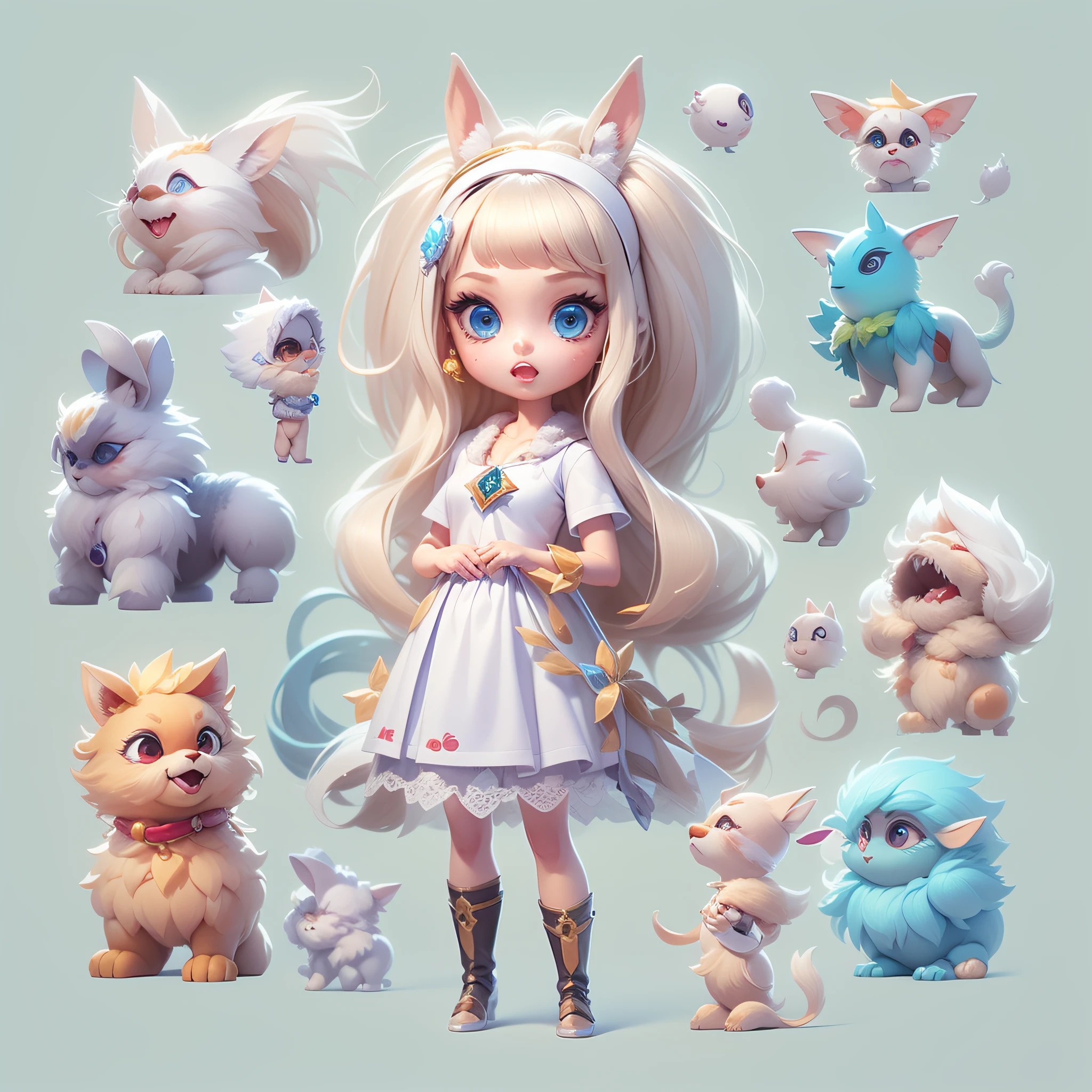 Masterpiece,High Quality,High resolution,The highest resolution,White background,solid color background,transparent background,no background,remove background,Complicated details,Highest quality,game icon,game icon institute,cartoon_style,full body,Cute Fluffy Barbie Monster,all separated