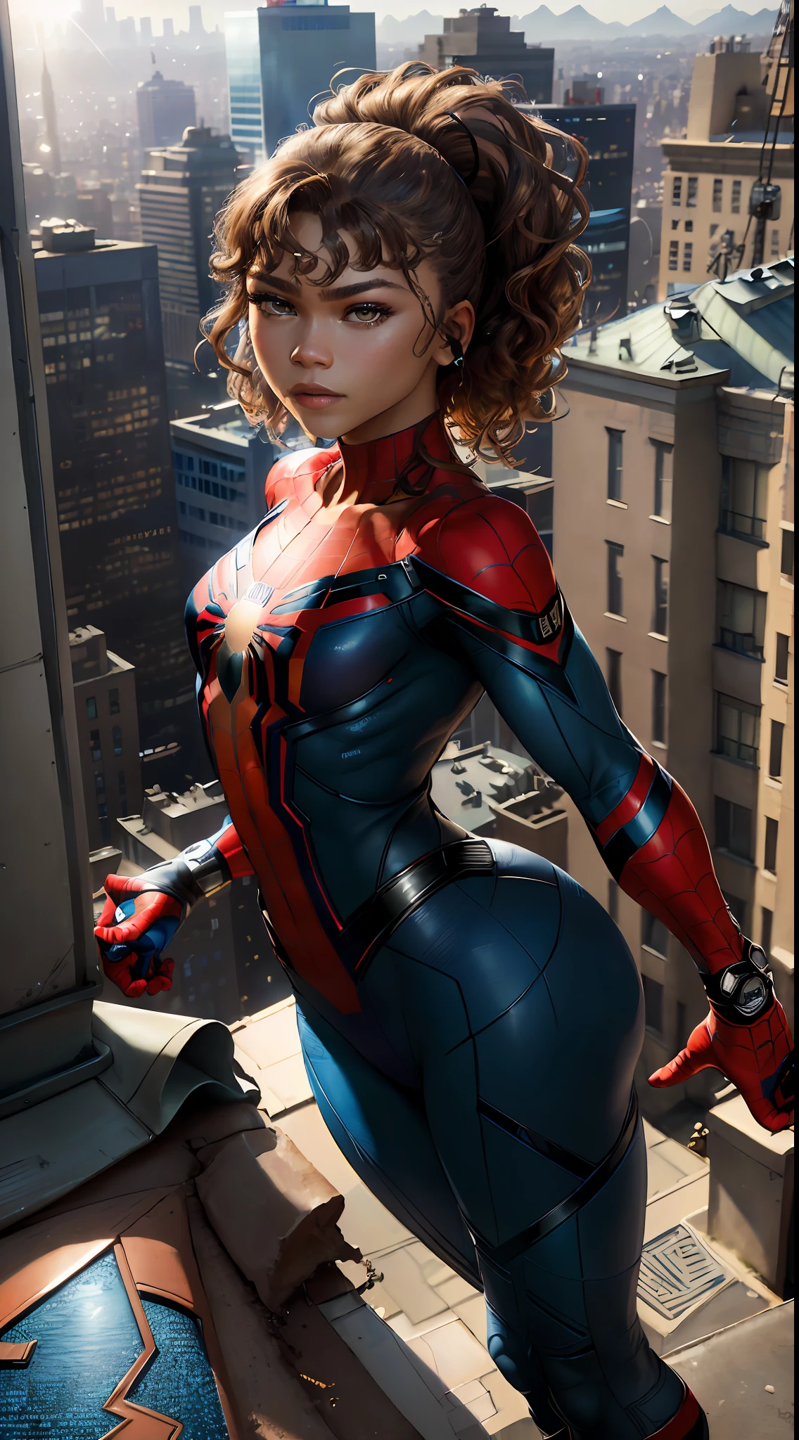 ((Zendaya)), (Masterpiece, 4k resolution, ultra-realistic, very detailed), (blue superhero theme, charismatic, on top of town, wearing blue Spider-Man costume, she's a superhero), [((25 years), full body, ((Spider-Man pose), show of strength, standing on a roof), ((sandy urban environment):0.8), (cityscape, dynamic lights), (sunlight))]